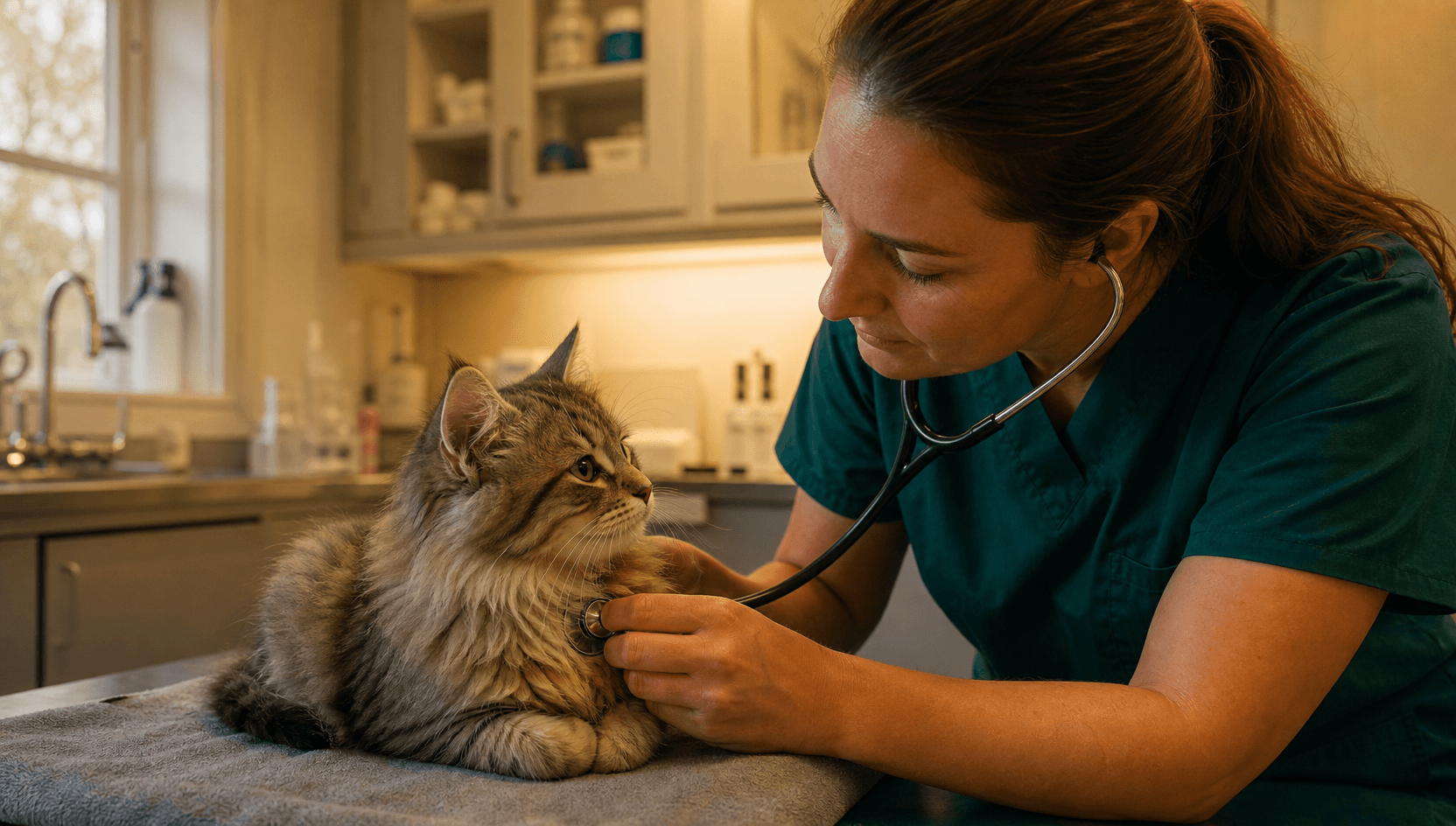 Veterinär lyssnar på hjärtat hos en kattunge vid kattungebesiktning.