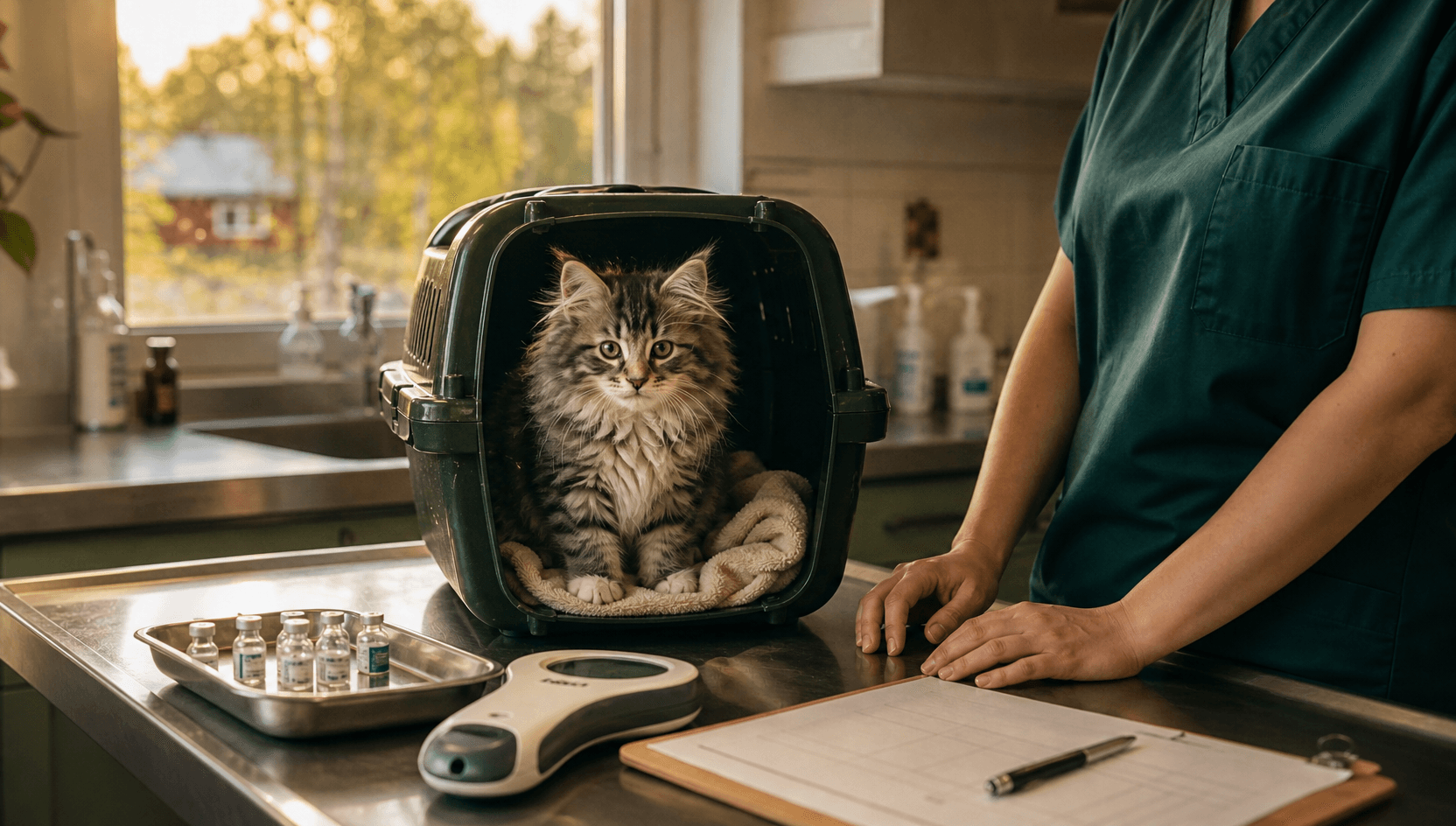 Kattunge i öppen transportbur bredvid chipscanner och vaccinationsmaterial.