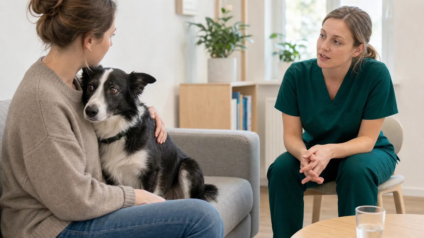 Hundägare och svartvit border collie under beteendekonsultation på svensk veterinärklinik.