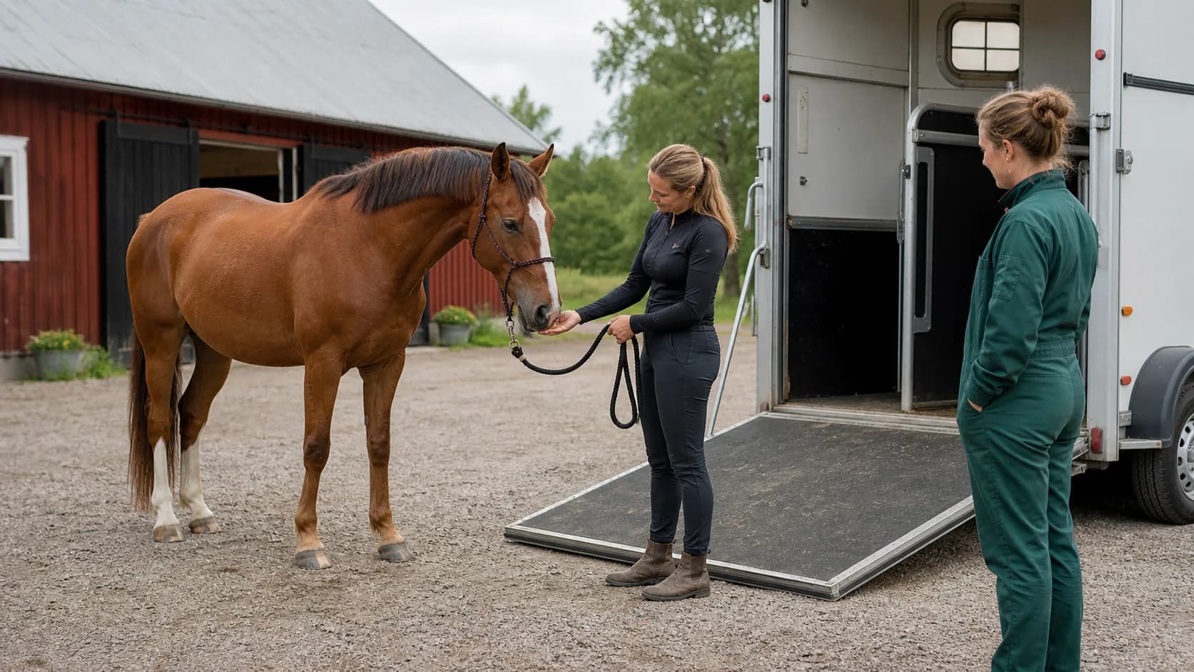 Samma fuxfärgade varmblodshäst tränas lugnt vid hästtransport med lös lina och låg press.