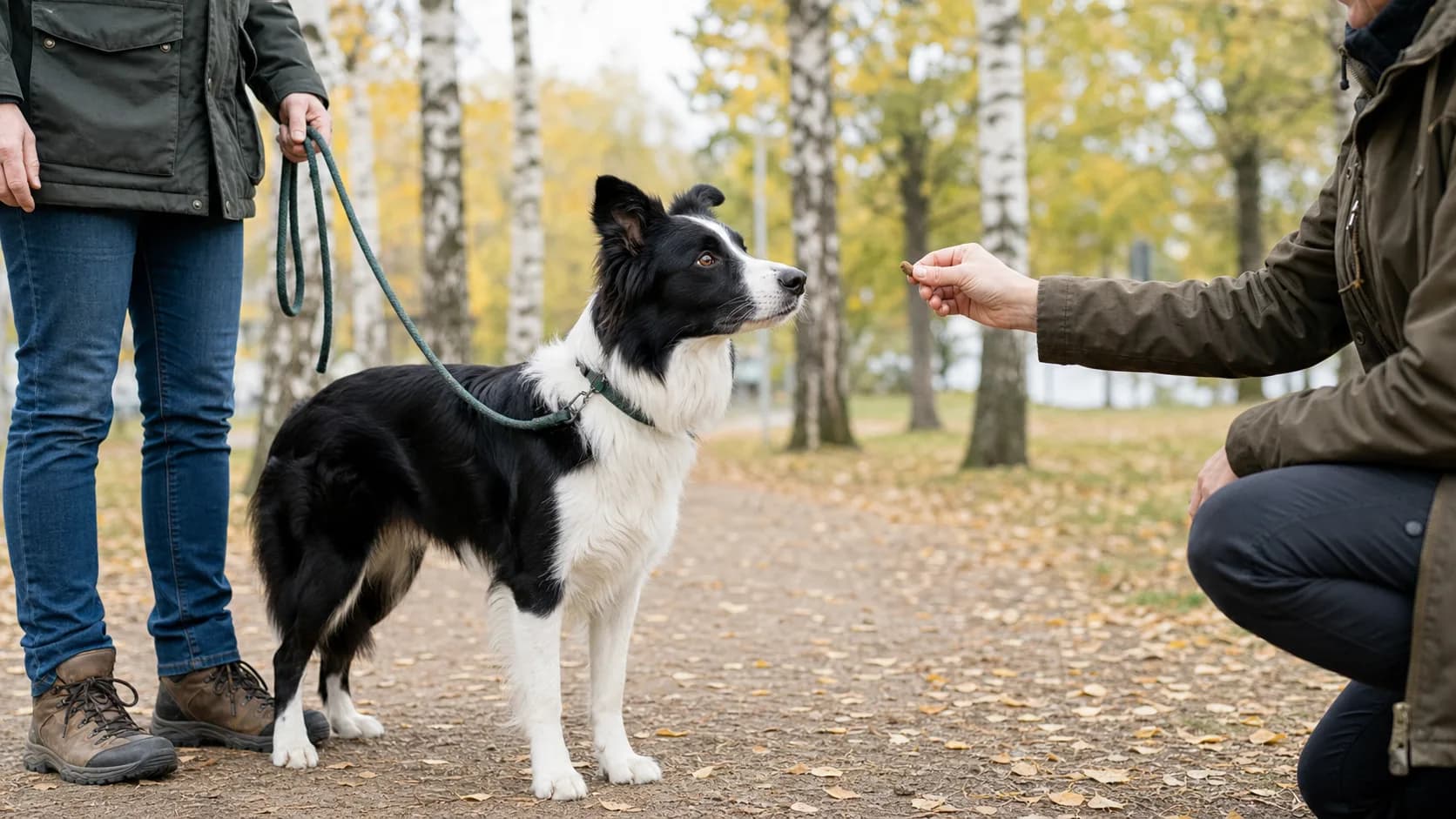 Samma svartvita border collie tränar med positiv förstärkning i svensk park.