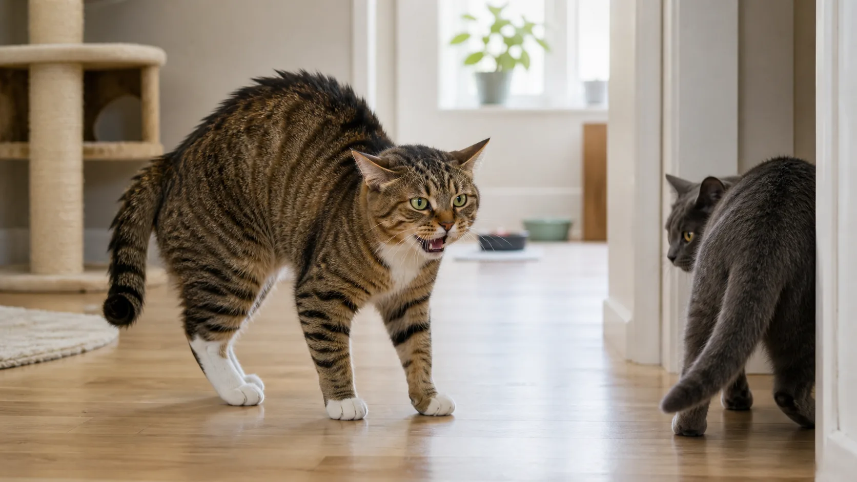 Samma brunrandiga tabbykatt visar spänd kroppshållning mot en grå katt i hallen.