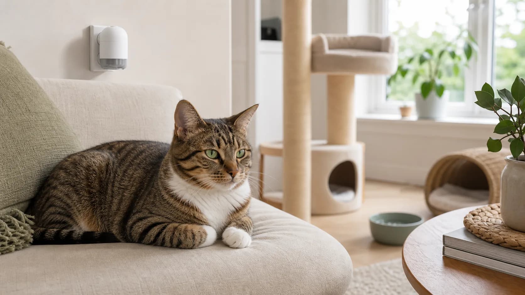 Samma brunrandiga tabbykatt vilar lugnt i svensk vardagsrumsmiljö med feromondiffuser i bakgrunden.