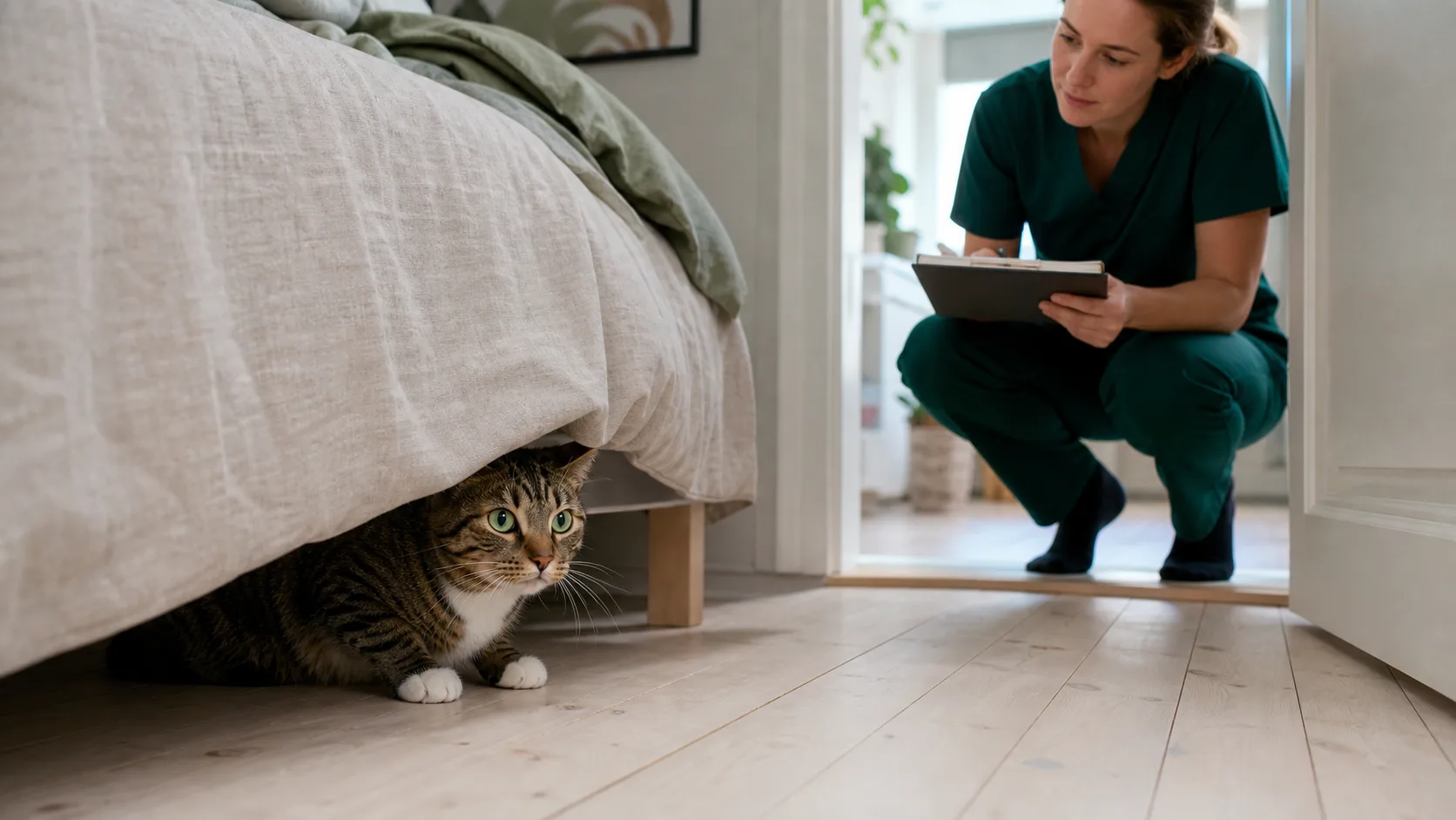 Brunrandig tabbykatt med vit bringa gömmer sig under säng medan beteendeveterinär observerar på avstånd.