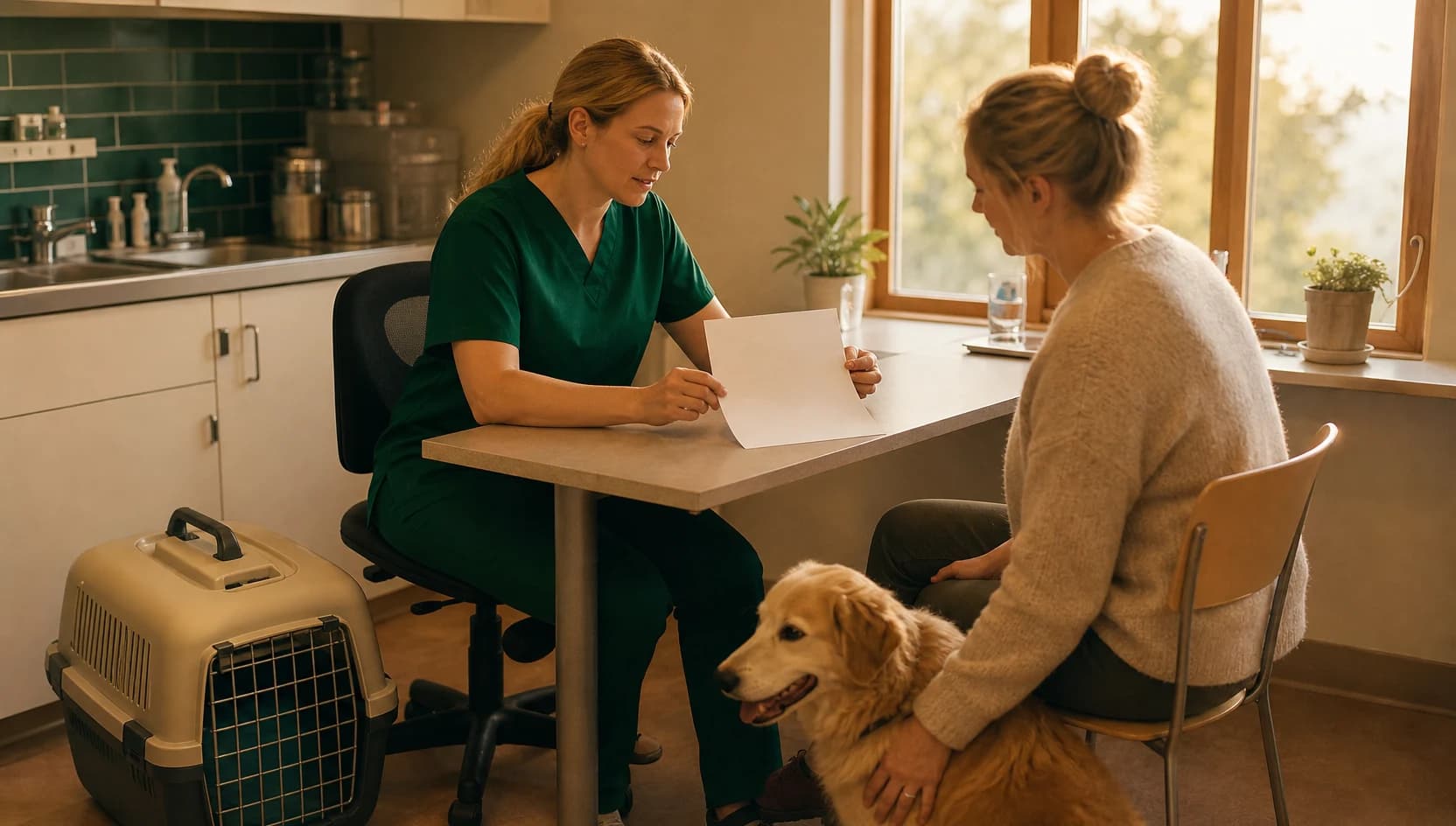 Veterinär i mörkgröna skrubbar förklarar pris och provnivå för blodprov på djur.