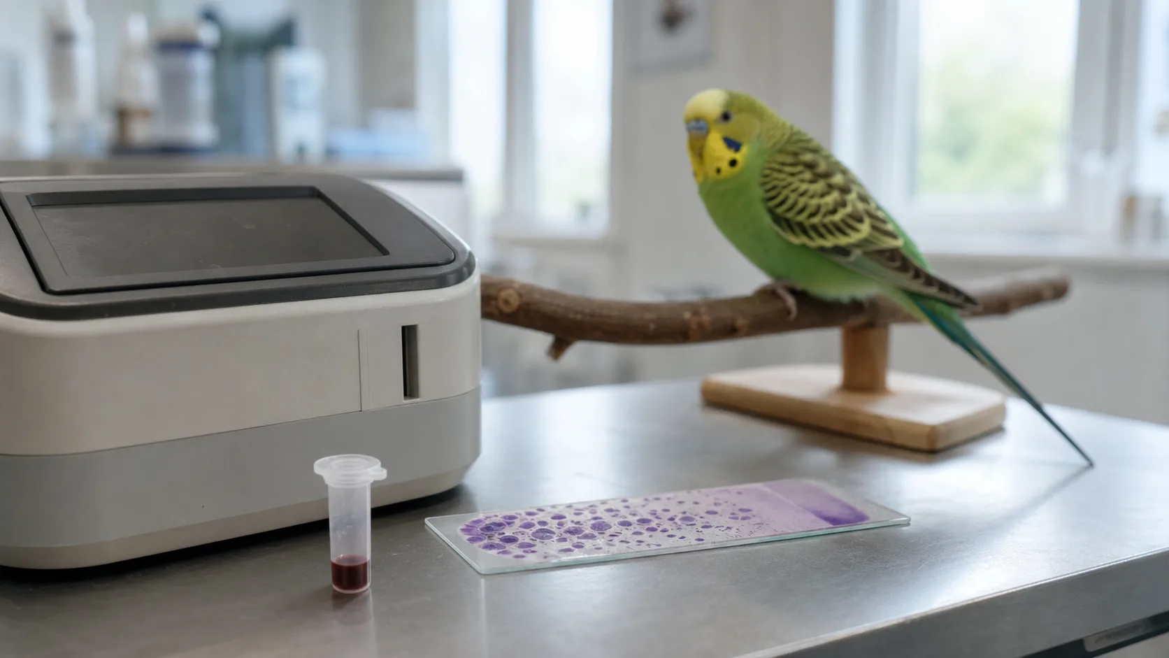 Veterinär samtalar med djurägare efter blodprov medan djuret vilar lugnt.