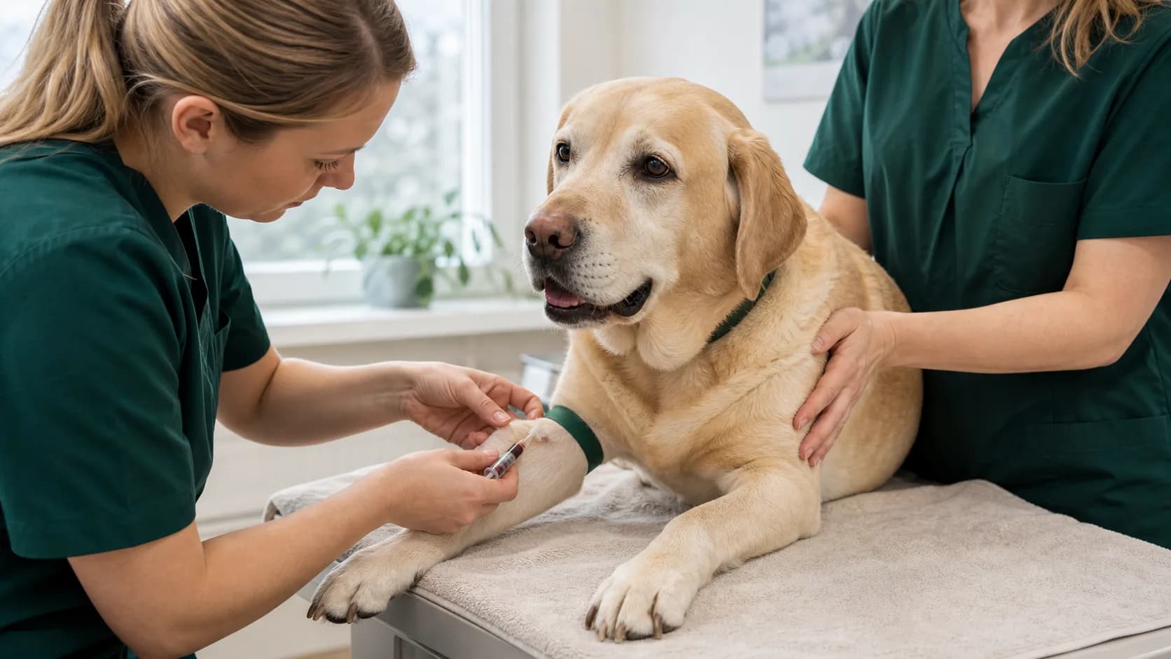 Veterinär förbereder blodprov för hund i lugn svensk klinikmiljö.