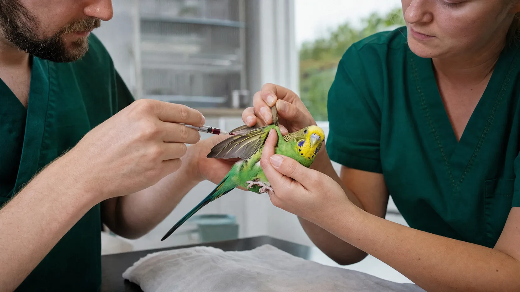Veterinär undersöker liten fågel varsamt inför provtagning.