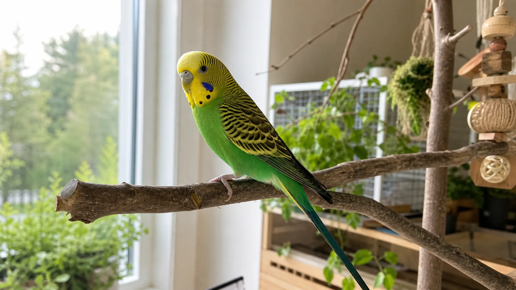 Papegoja sitter lugnt i transportbur efter veterinärbesök.
