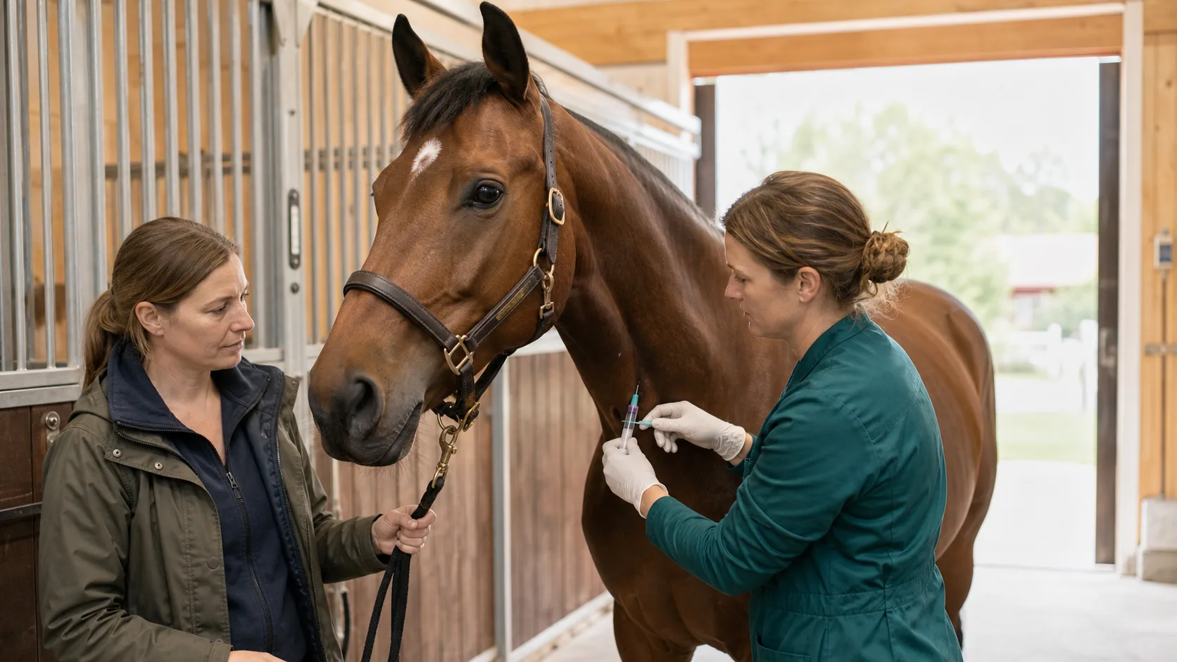 Hästveterinär tar blodprov från halsvenen på en lugn brun svensk varmblodshäst i stallgång.
