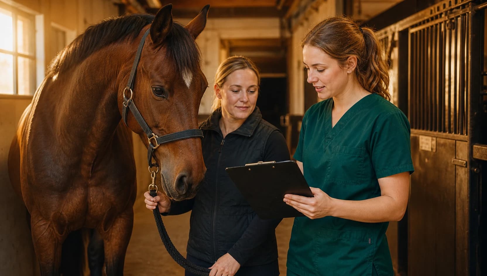 Veterinär i mörkgröna skrubbar förklarar pris för blodprov på häst i stall.