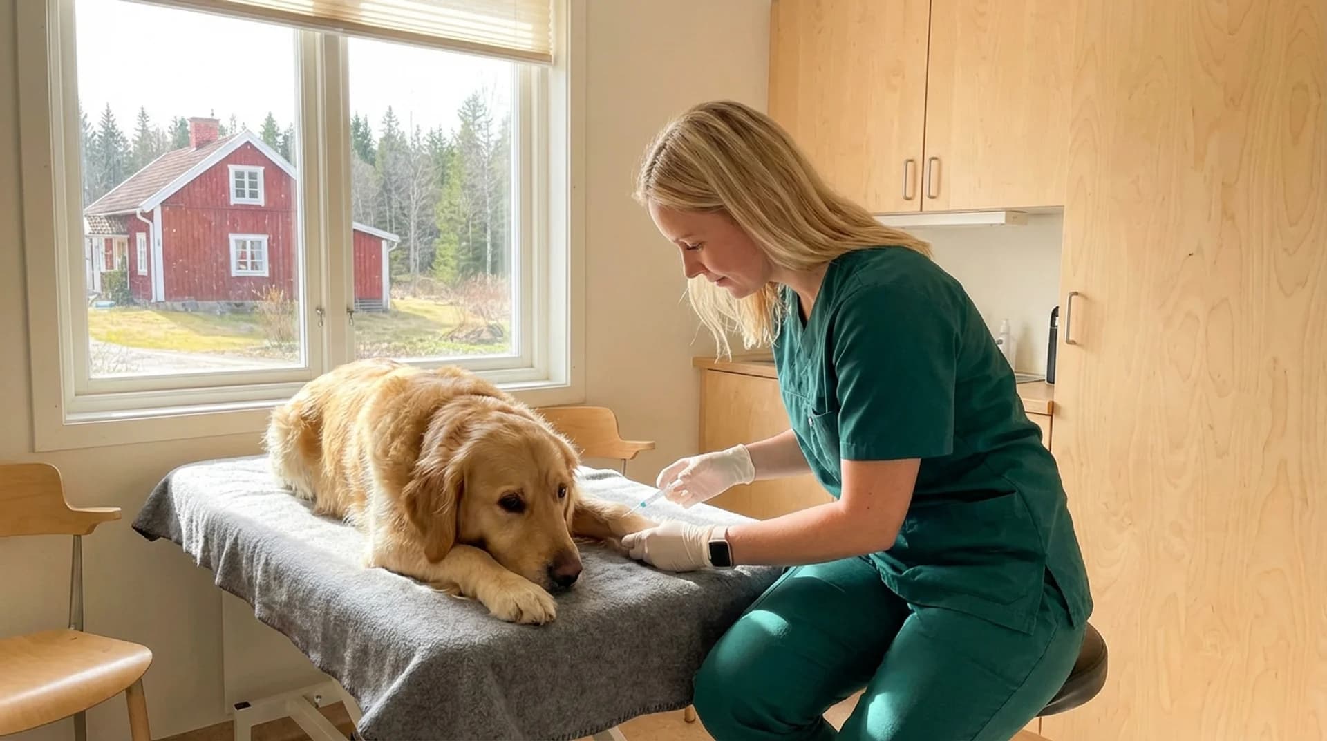 Blodprov på golden retriever — veterinär tar prov från frambenets cephalica-ven på svensk klinik