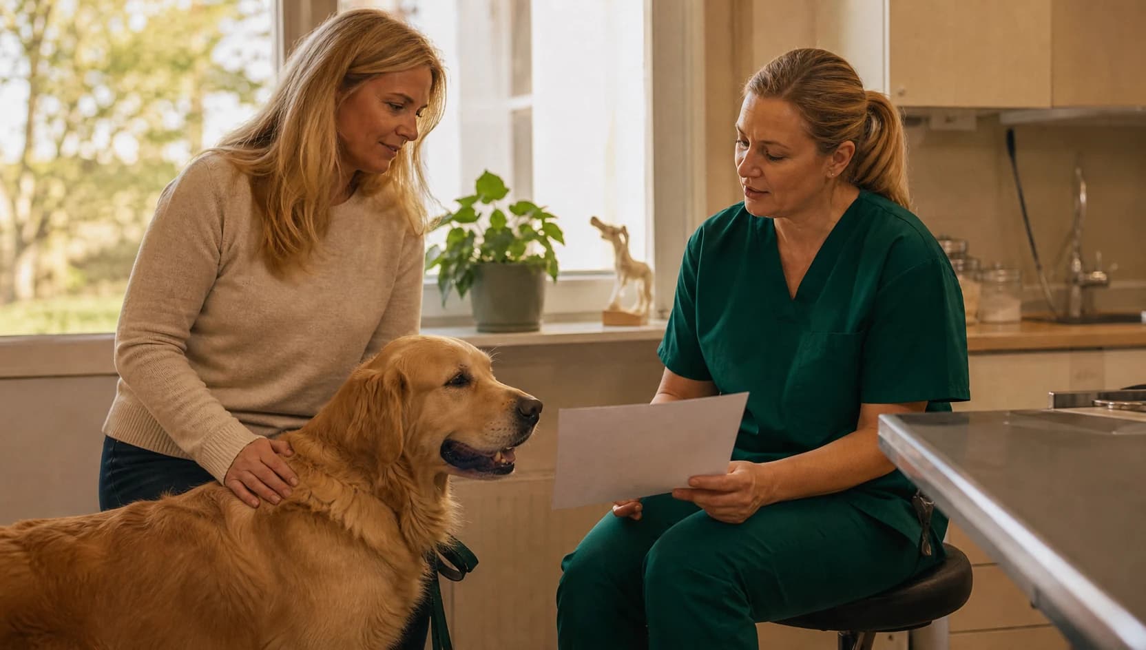 Veterinär i mörkgröna skrubbar förklarar pris för blodprov på hund.