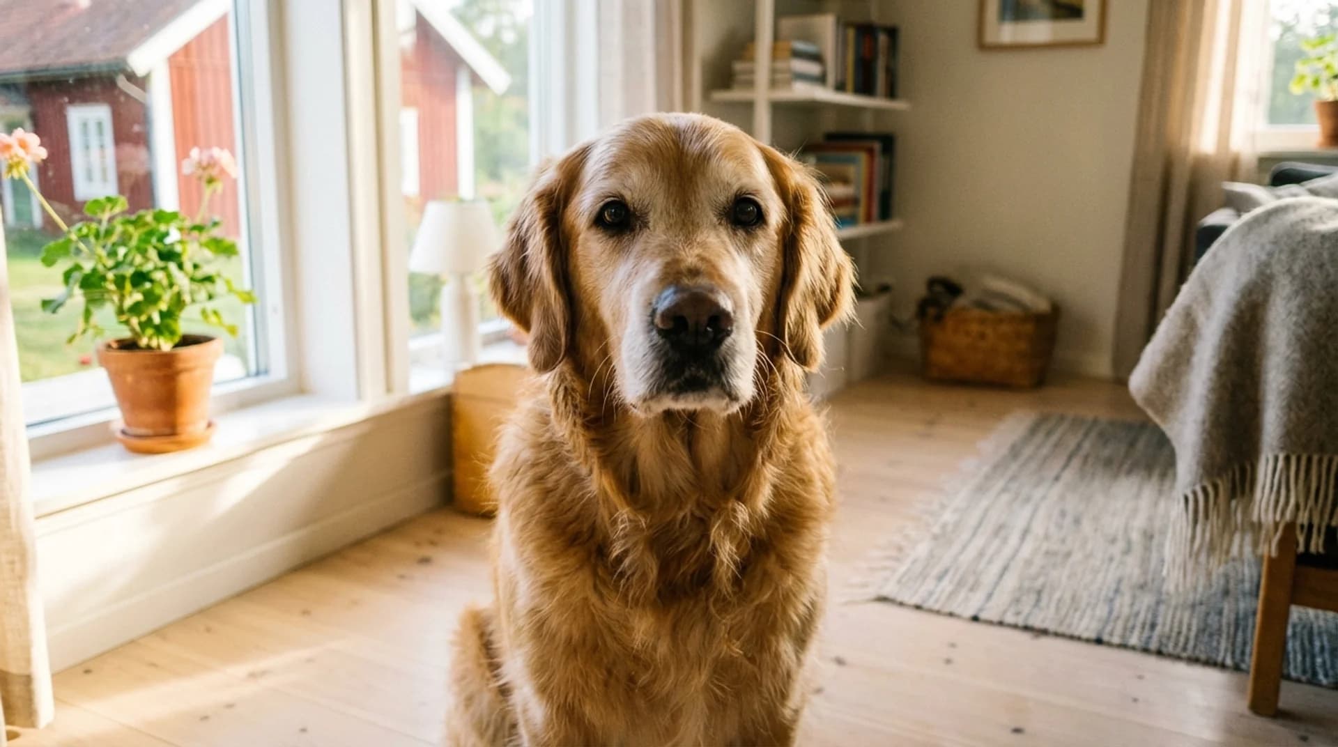 Årligt blodprov ger aktiva seniorår — frisk senior golden retriever hemma med röd svensk stuga i bakgrunden