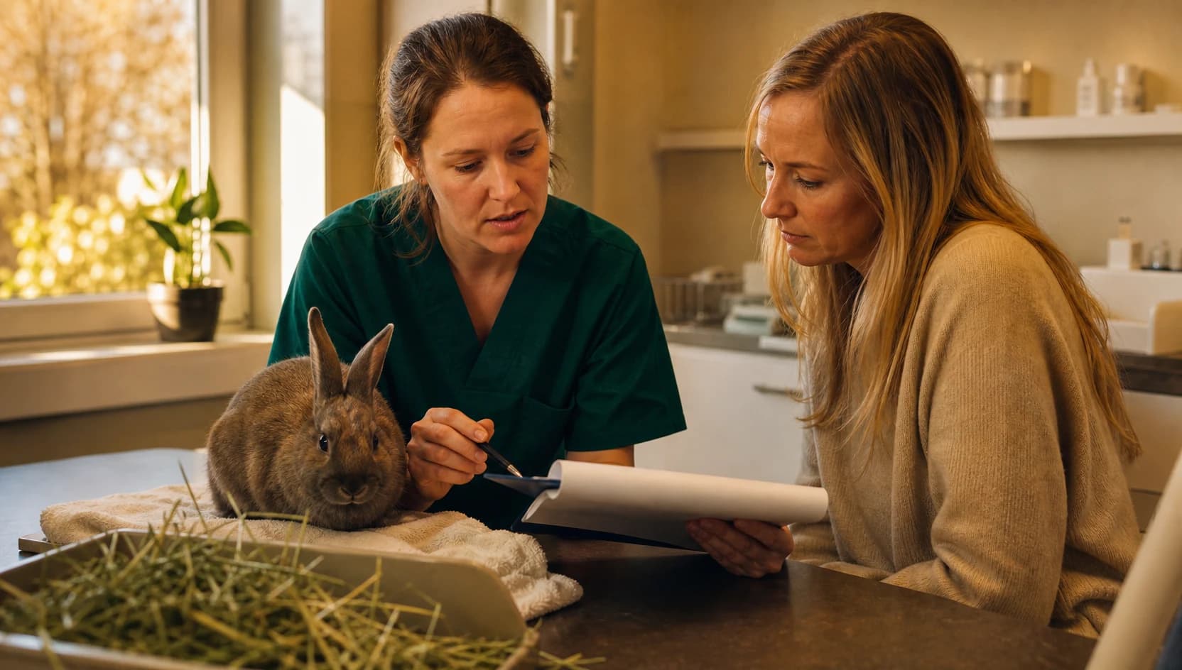 Veterinär i mörkgröna skrubbar förklarar pris för blodprov på kanin.