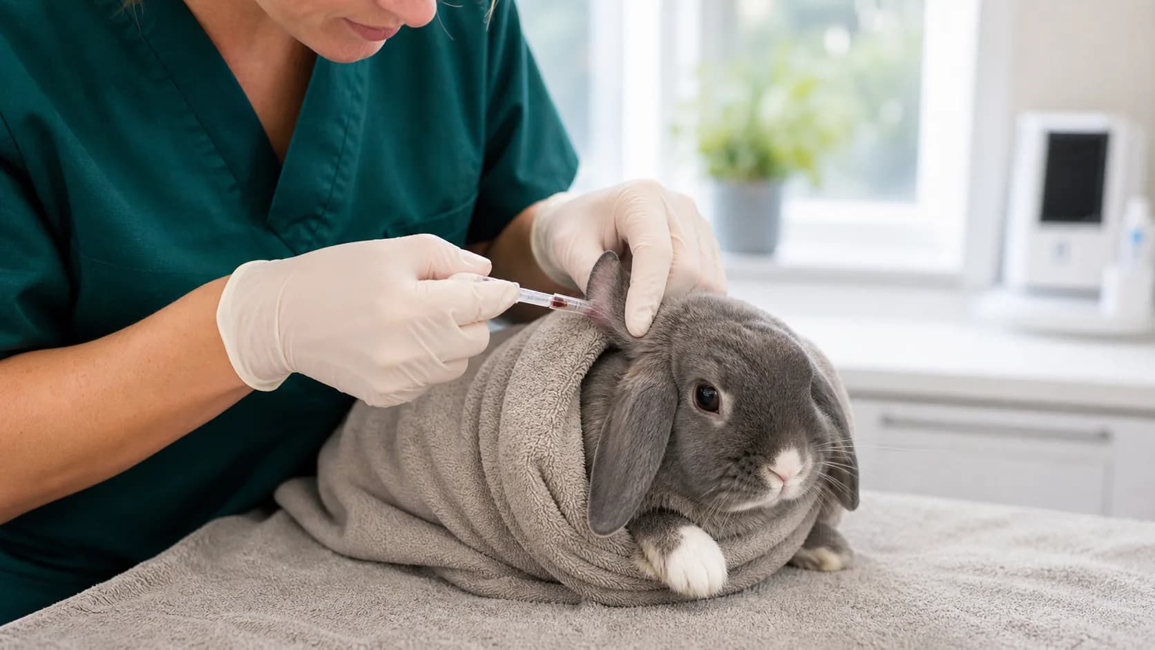 Veterinär undersöker lugn kanin inför blodprov.