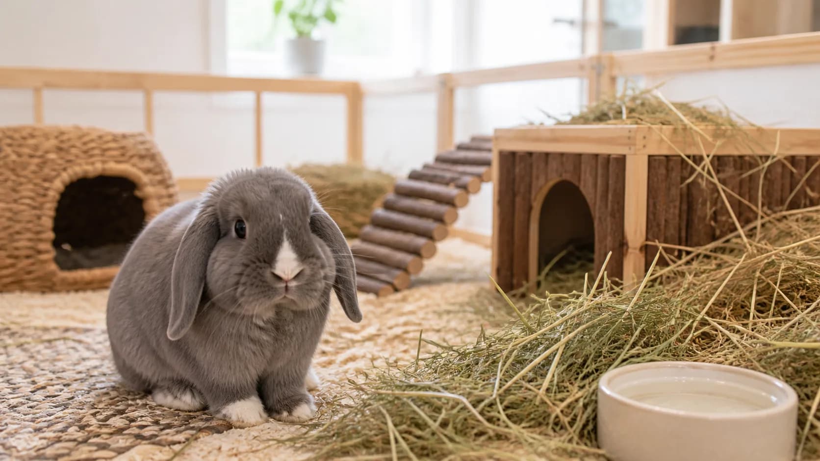 Kanin vilar i handduk medan veterinär pratar med djurägare.