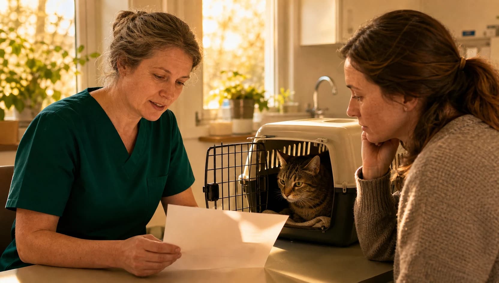 Veterinär i mörkgröna skrubbar förklarar pris för blodprov på katt.