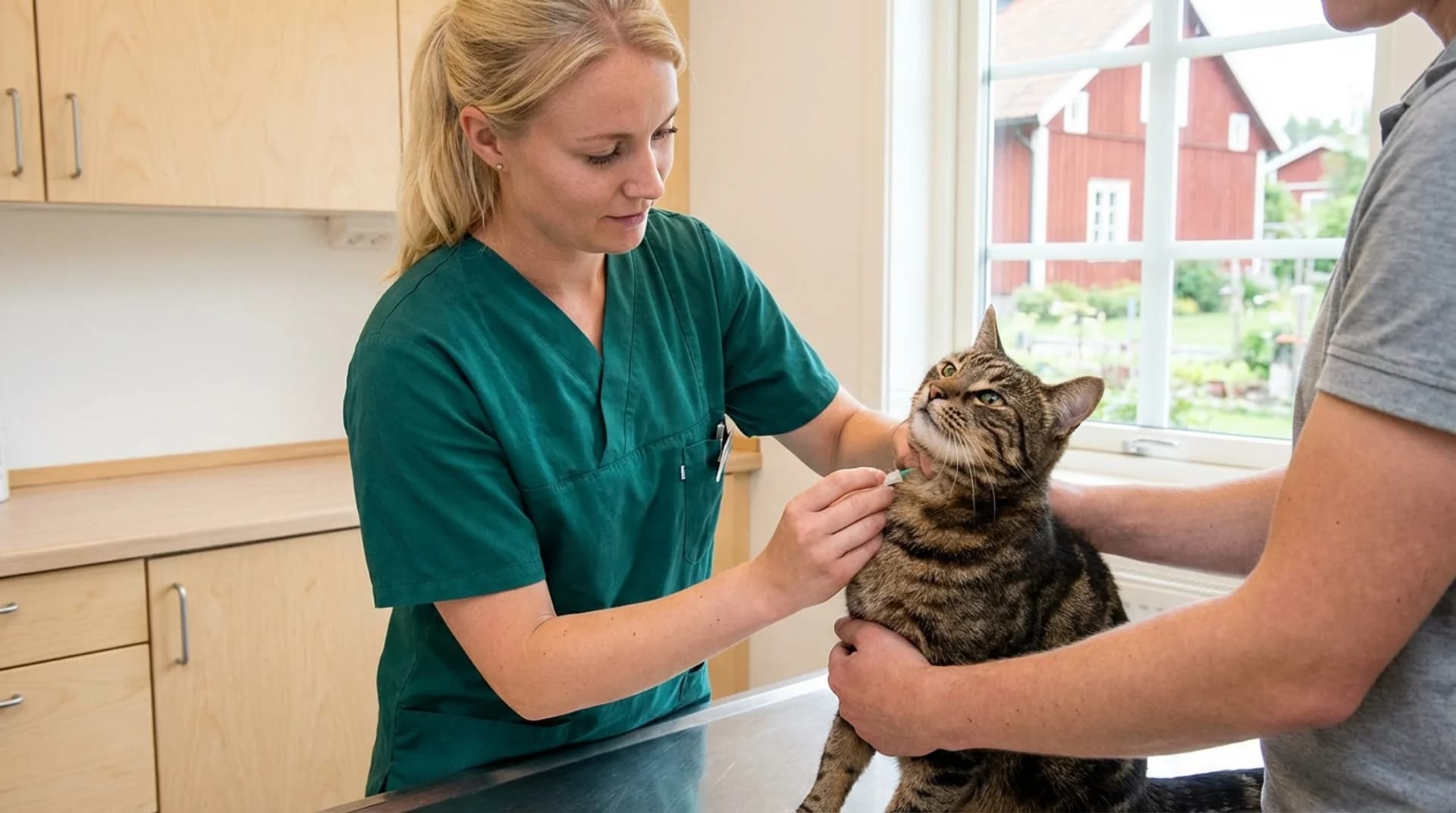 Blodprov på tabby-katt — veterinär tar prov från halsens jugularven på svensk klinik