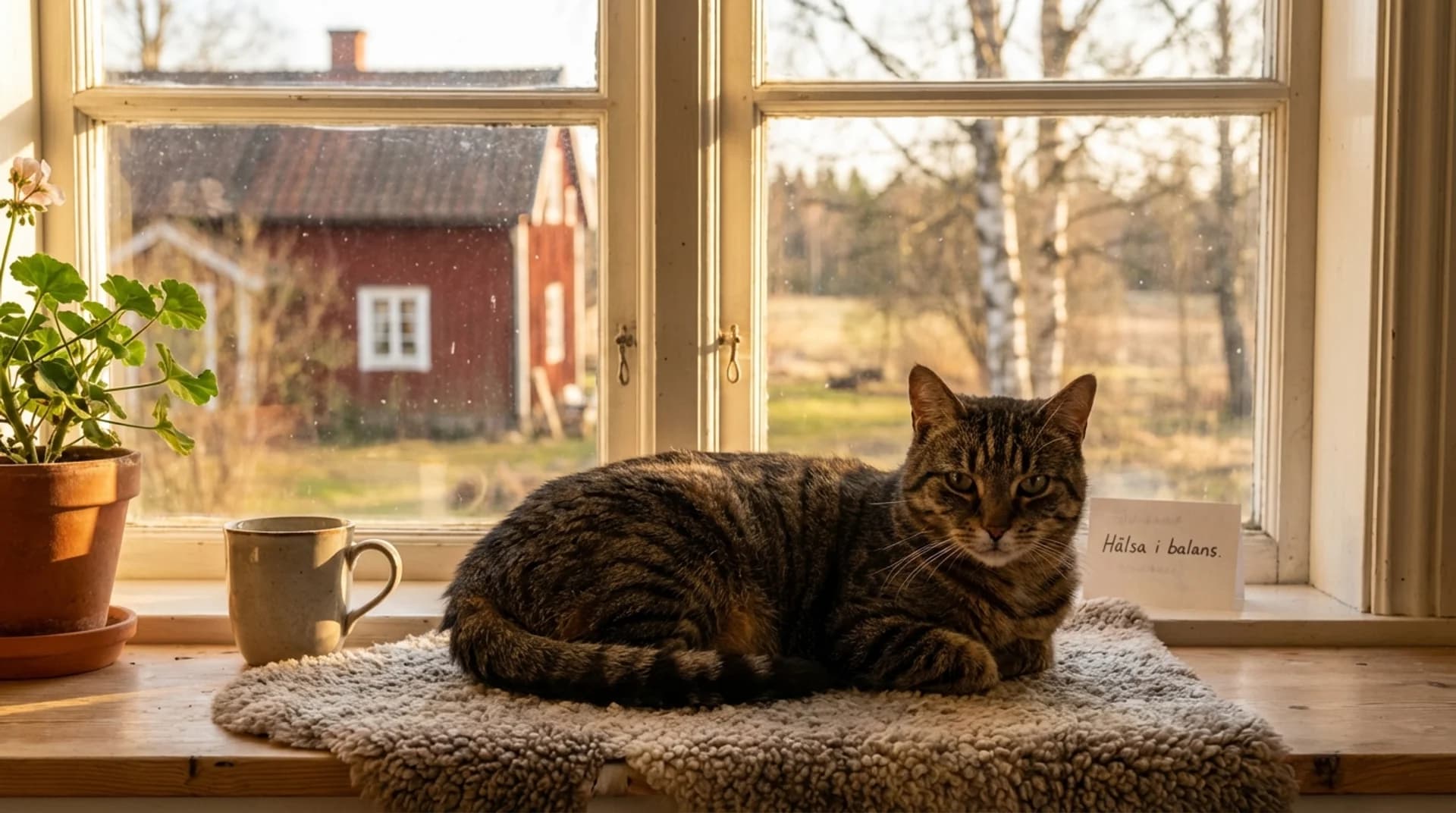 Årligt blodprov ger lång kattålder — frisk senior tabby-katt vid fönster med röd svensk stuga i utsikten