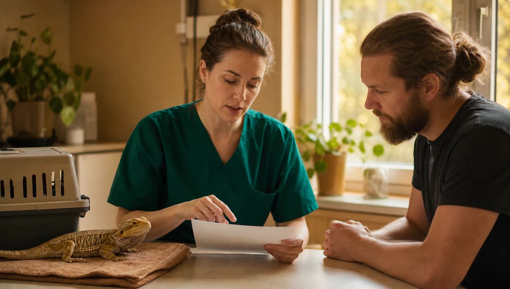 Veterinär i mörkgröna skrubbar förklarar pris för blodprov på reptil.