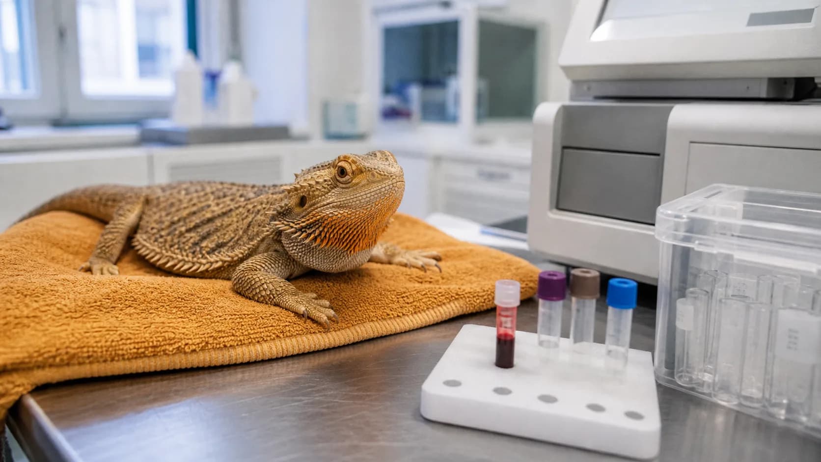 Mikroblodprov analyseras på kliniklabb med sandfärgad skäggagam vilande i bakgrunden.