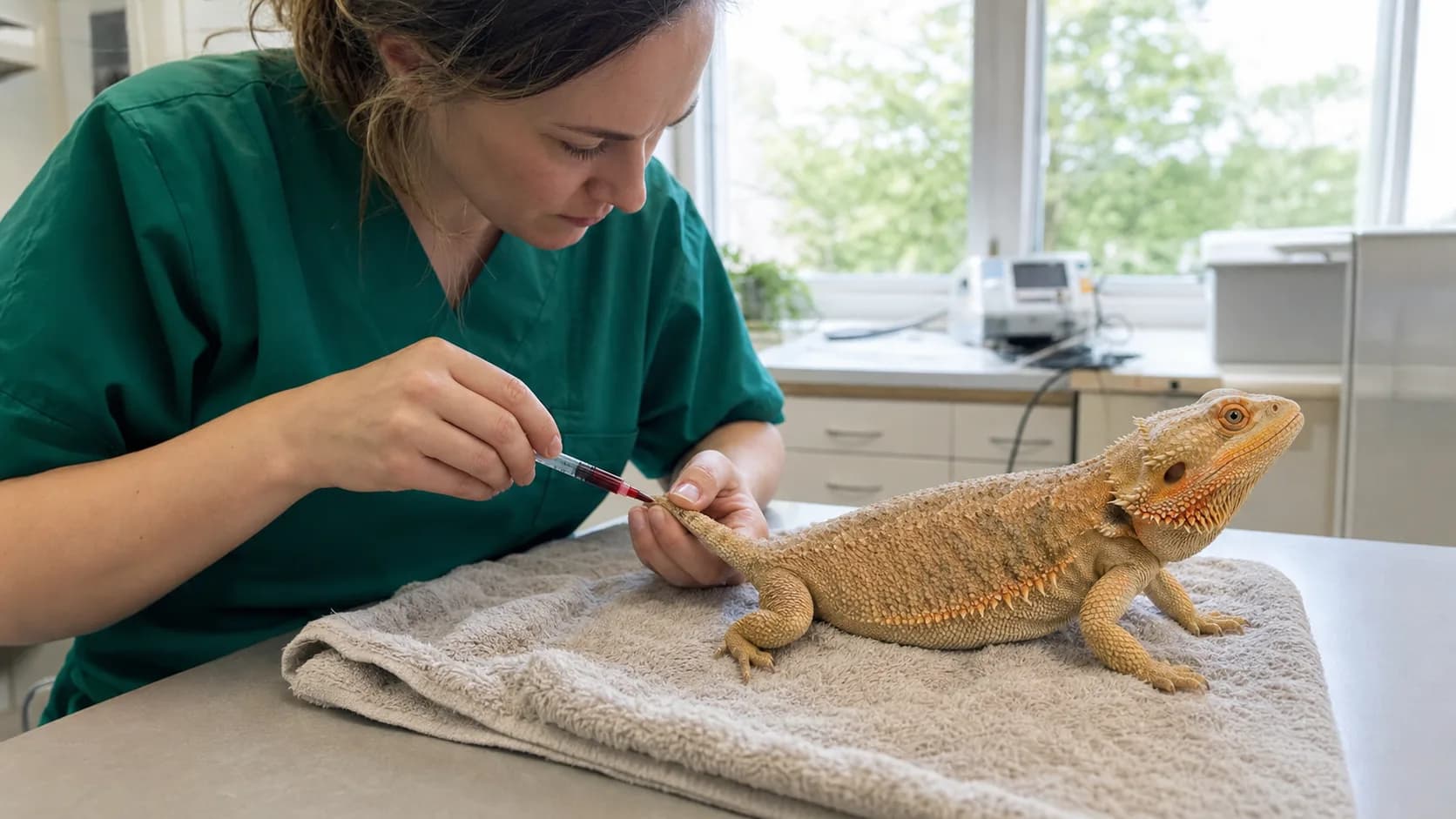 Veterinär tar blodprov från svansvenen på en lugn sandfärgad skäggagam på klinik.