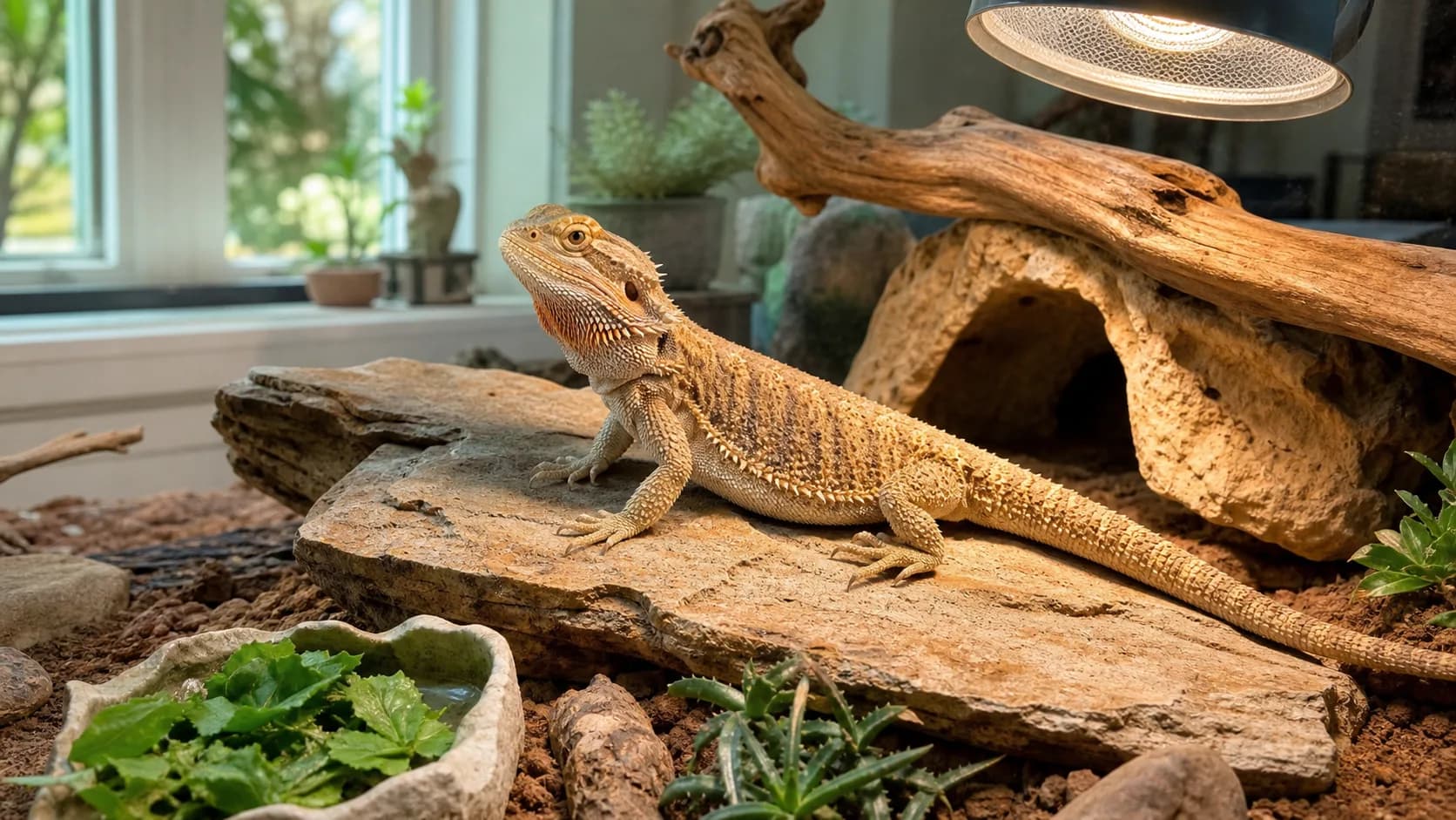 Sandfärgad skäggagam sitter alert på solplats i välskött terrarium med UVB-lampa.