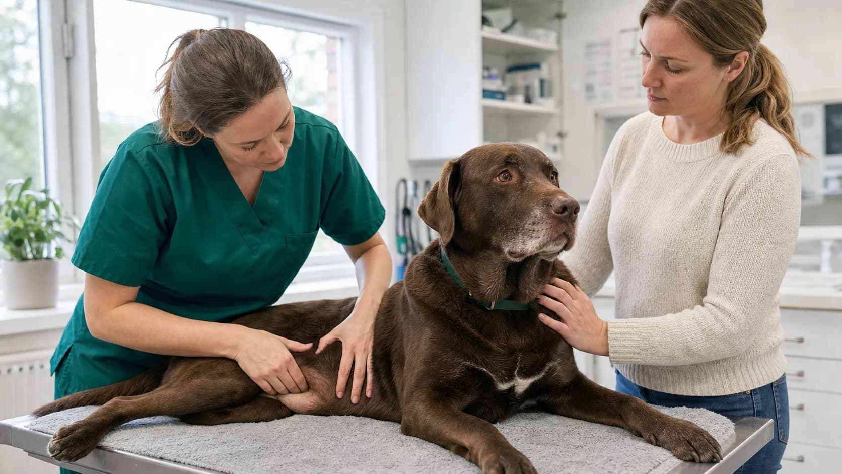 Veterinär undersöker buken på en äldre chokladbrun labrador på svensk klinik.