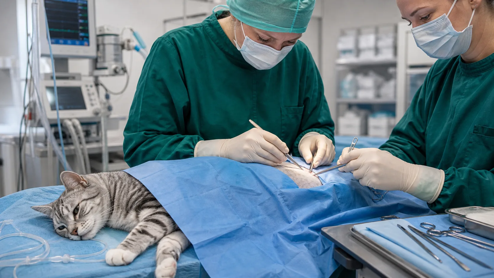Steril bukkirurgi på katt i operationssal med fininstrument och blå operationsdukar.