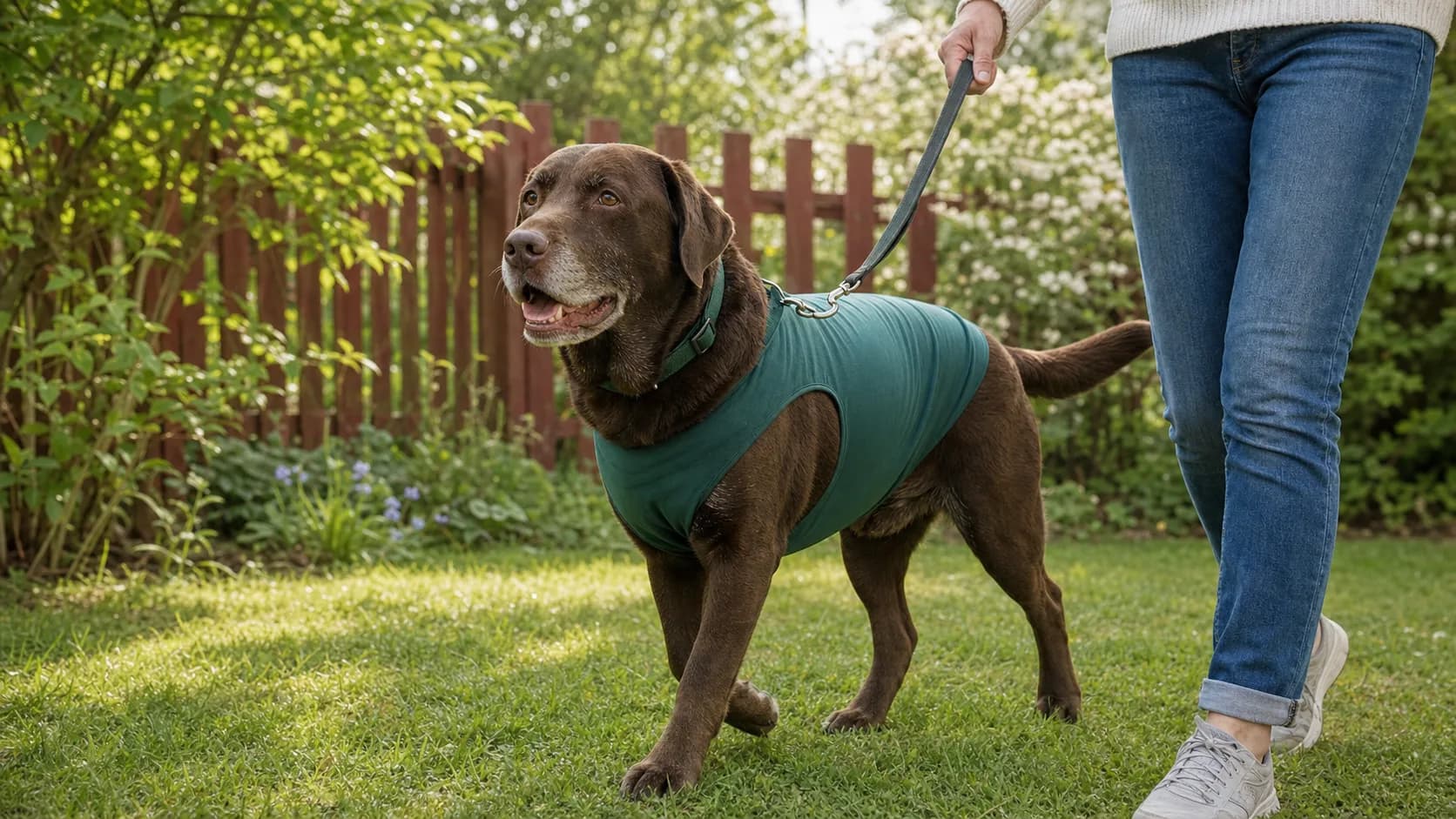 Chokladbrun labrador går lugnt i svensk trädgård med återhämtningsdräkt efter bukkirurgi.