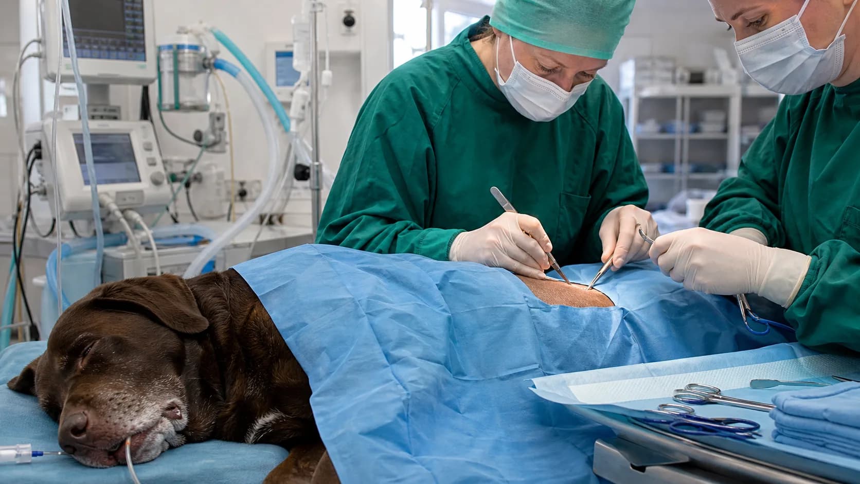 Steril bukkirurgi på hund i operationssal med blå operationsdukar och veterinärteam.