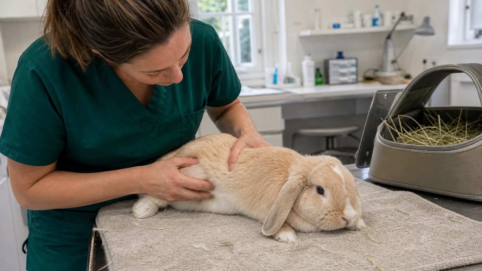 Veterinär undersöker buken på en lugn krämfärgad vädurkanin på svensk klinik.