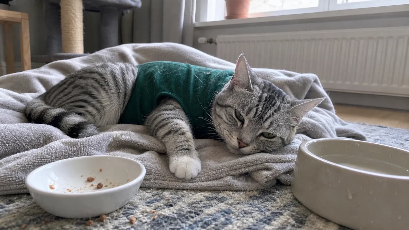 Silvergrå tabbykatt vilar hemma i återhämtningsdräkt efter bukkirurgi.