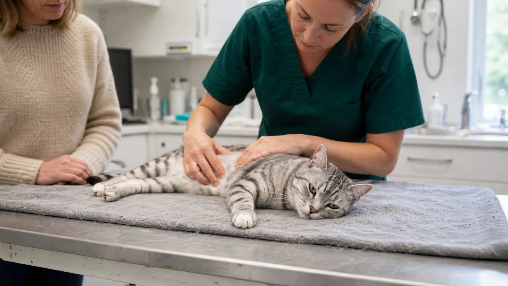 Veterinär palperar buken på en lugn silvergrå tabbykatt på svensk klinik.