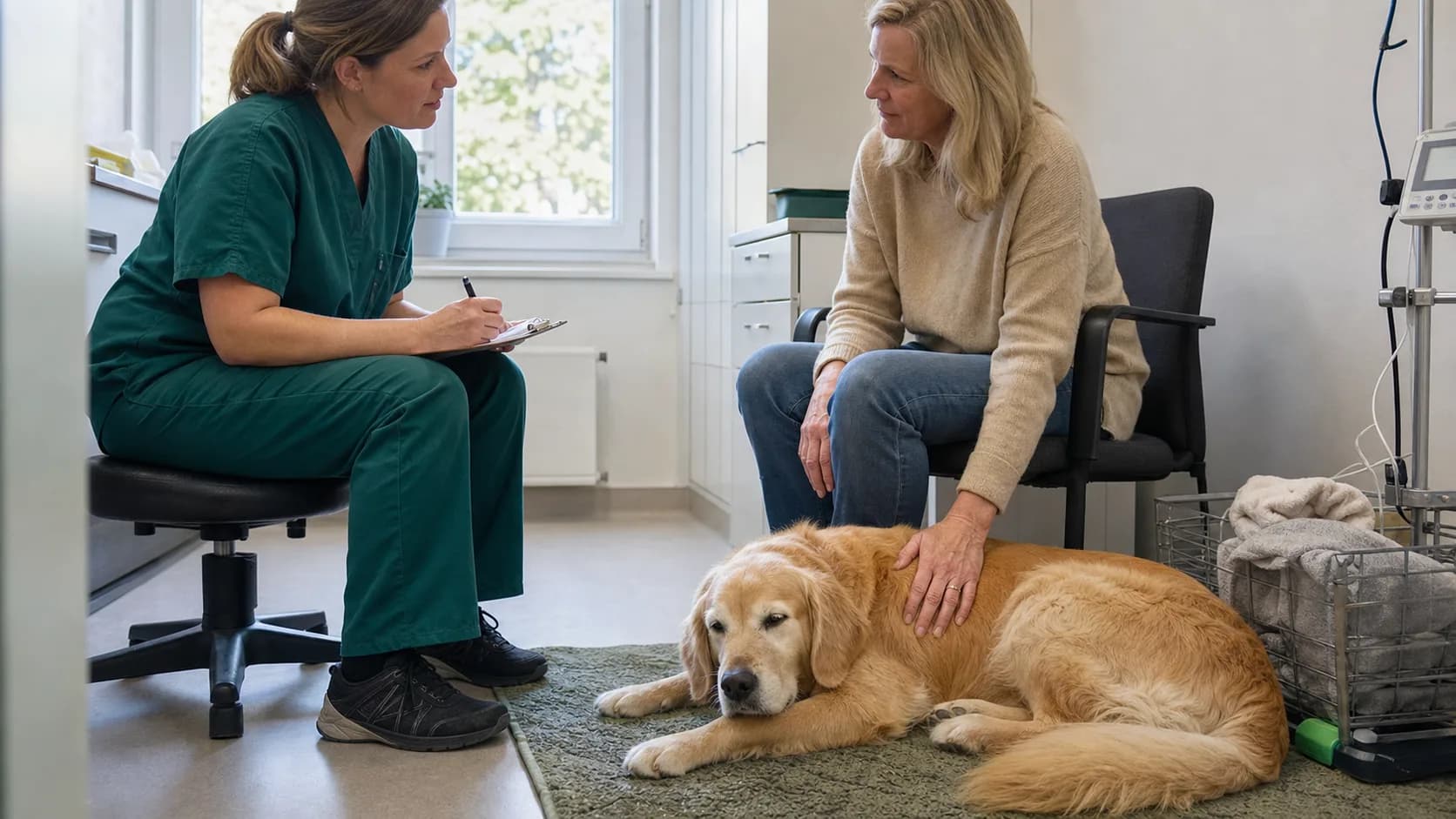 Veterinär pratar med hundägare om cellgiftsbehandling medan en äldre golden retriever vilar på klinikmatta.