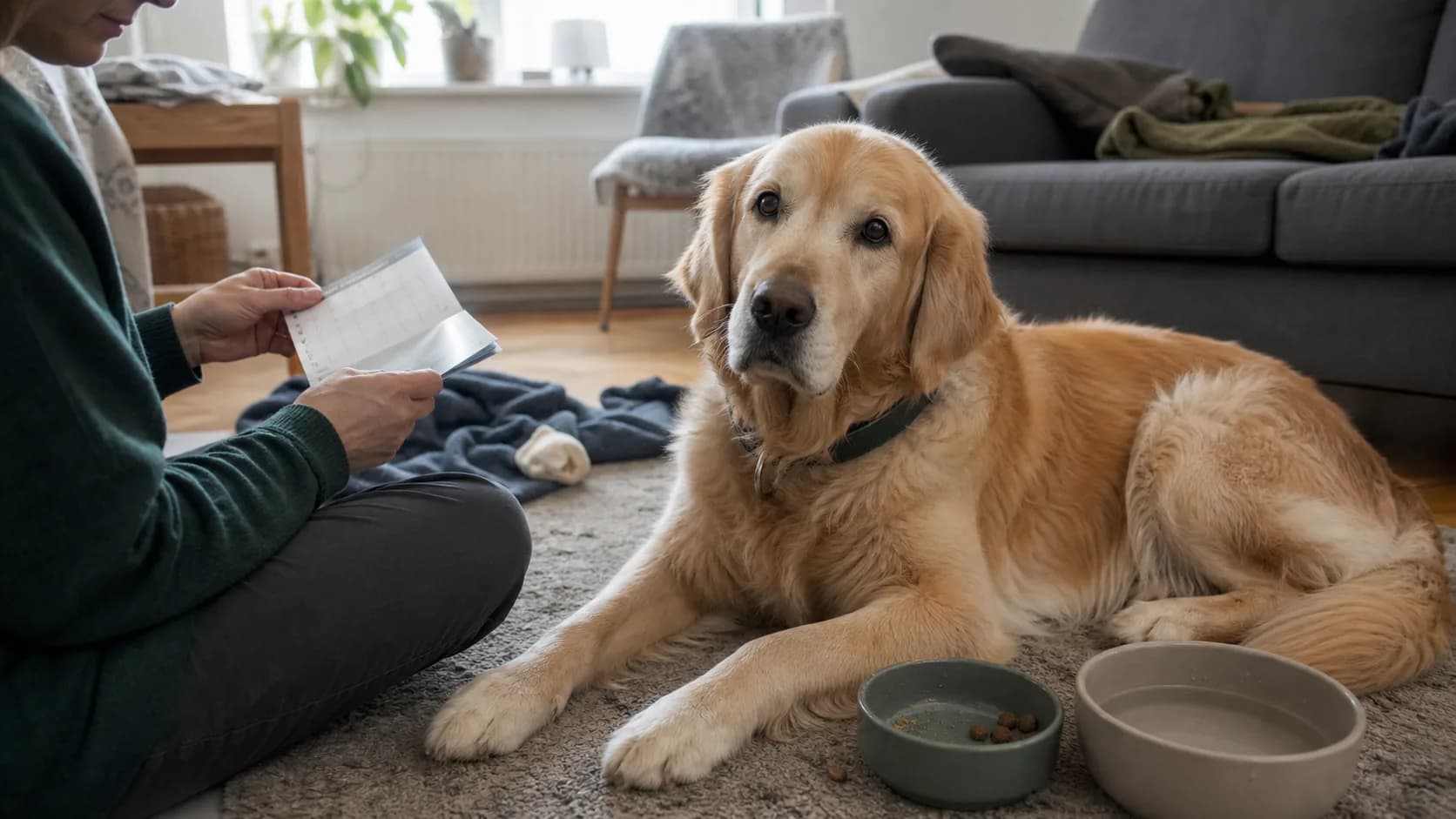 Äldre golden retriever vilar hemma på använd matta under pågående cellgiftsbehandling.