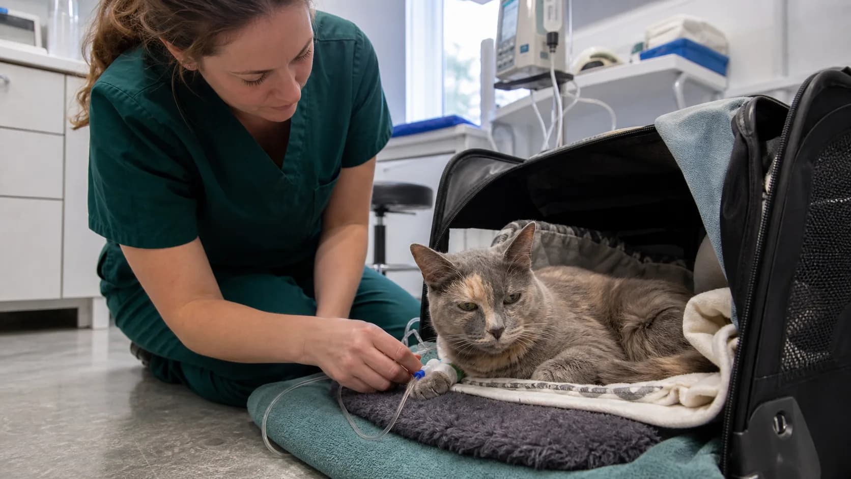 Sköldpaddsfärgad katt vilar lugnt i öppen bädd under övervakad cellgiftsbehandling på klinik.