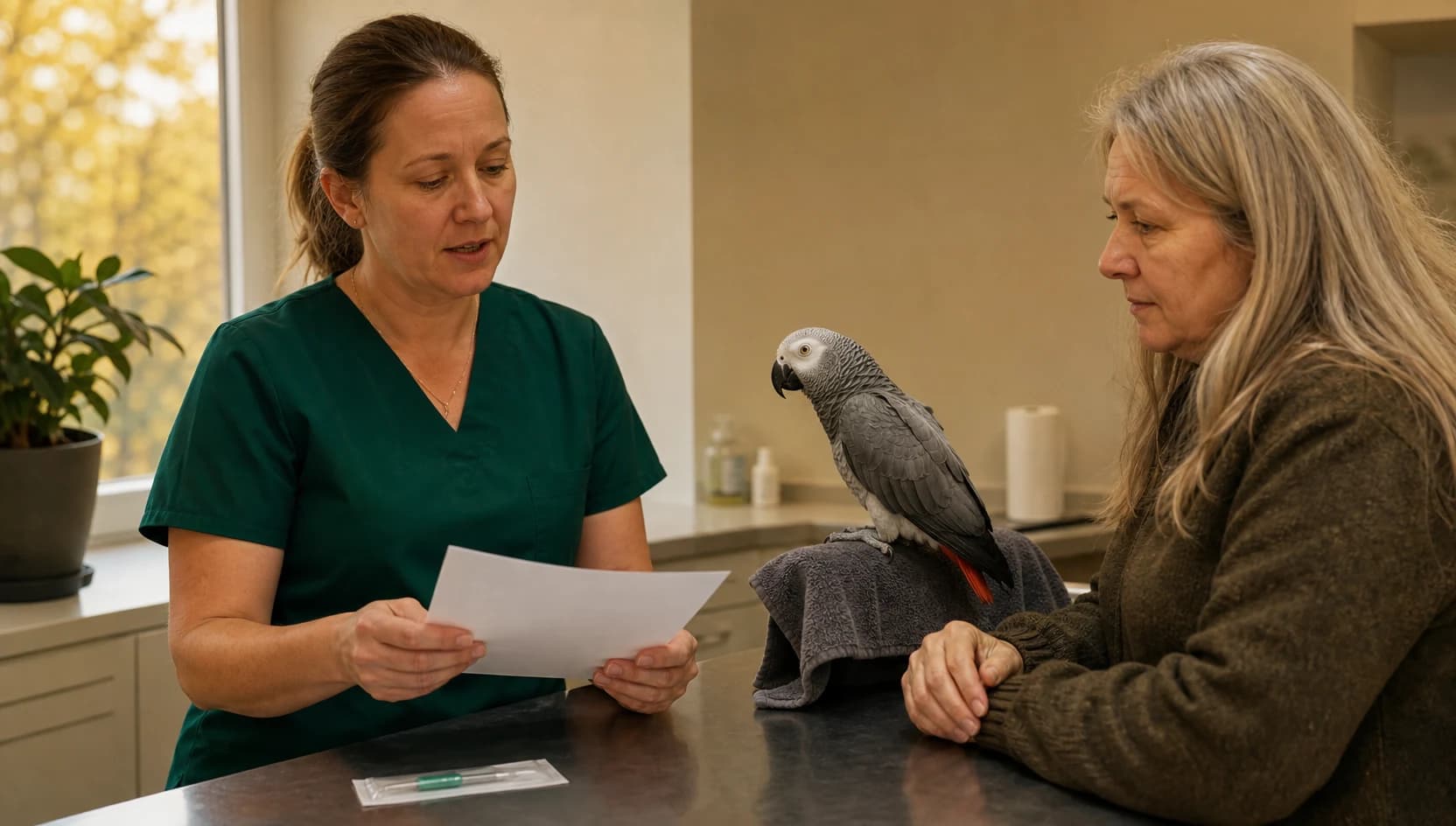 Fågelvan veterinär i mörkgröna skrubbar går igenom chipmärkning och dokument med papegojaägare.