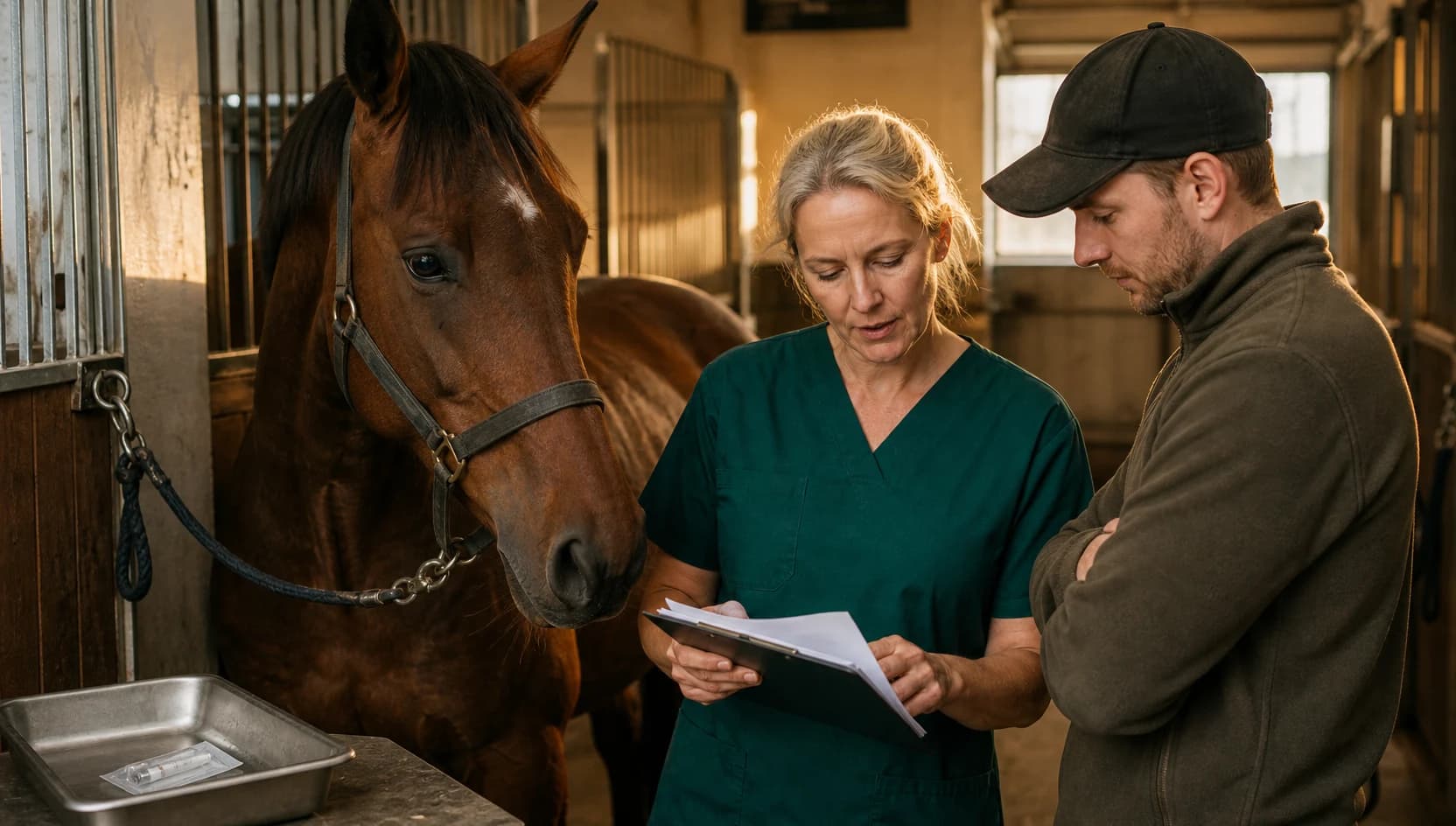 Hästveterinär i mörkgröna skrubbar går igenom chip, signalement och passhandling vid stallgång.