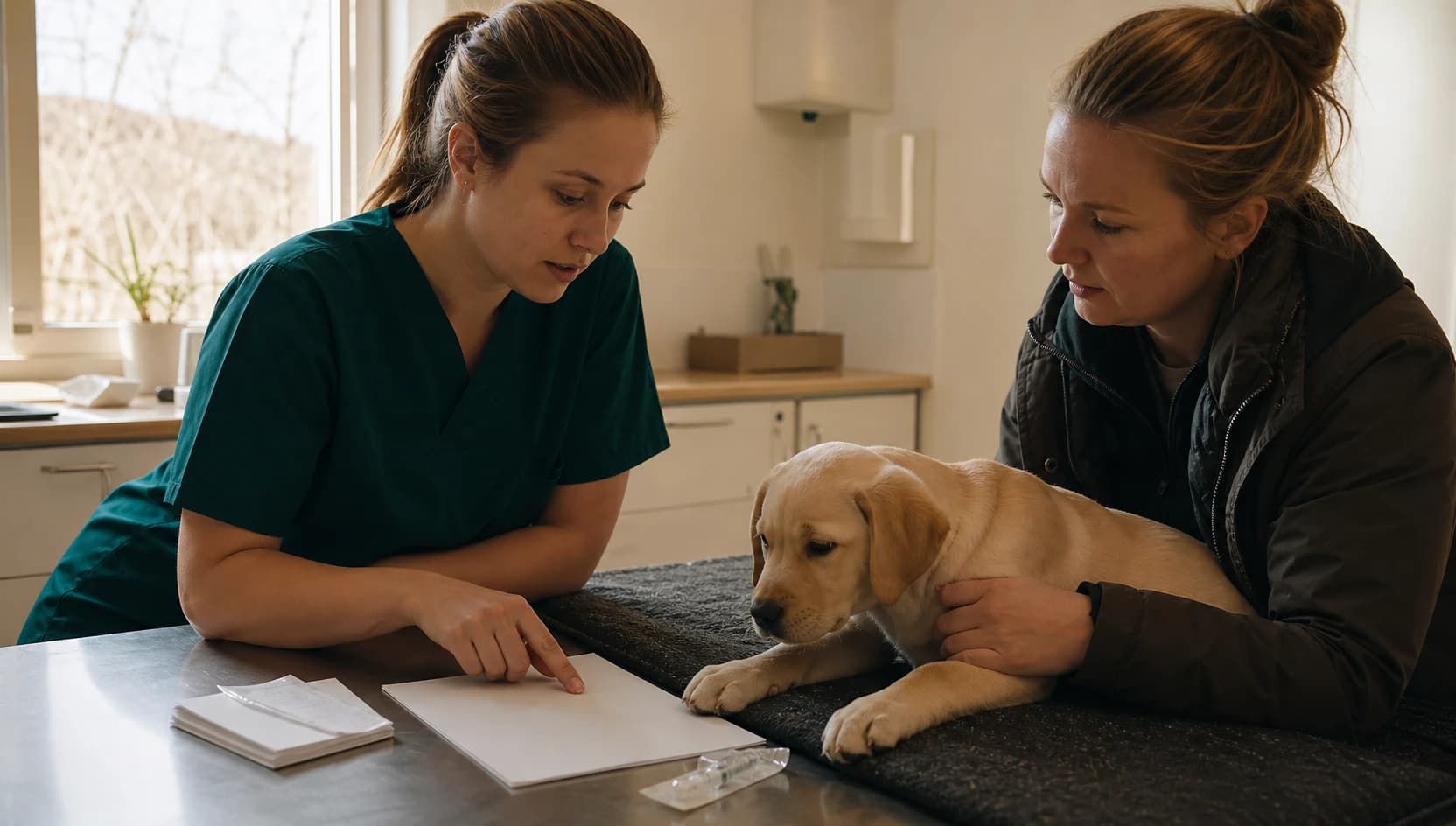 Veterinär i mörkgröna skrubbar visar chip, register och pris för hundägare med lugn labrador.