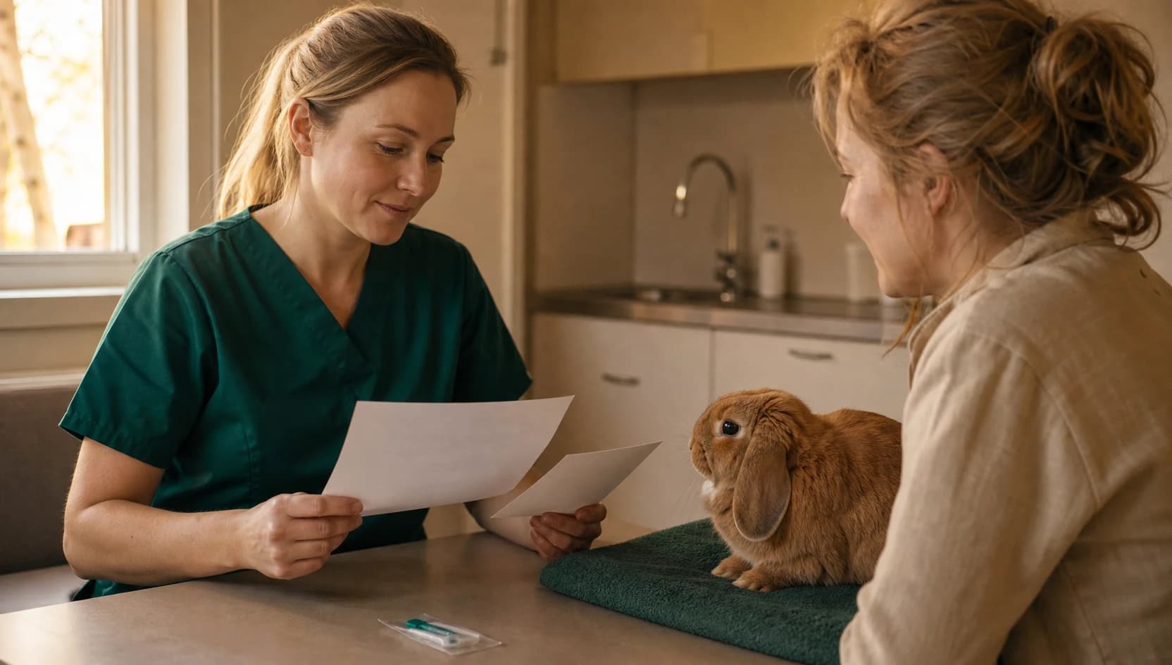 Kaninvänlig veterinär i mörkgröna skrubbar går igenom chip, register och pris med kaninägare.