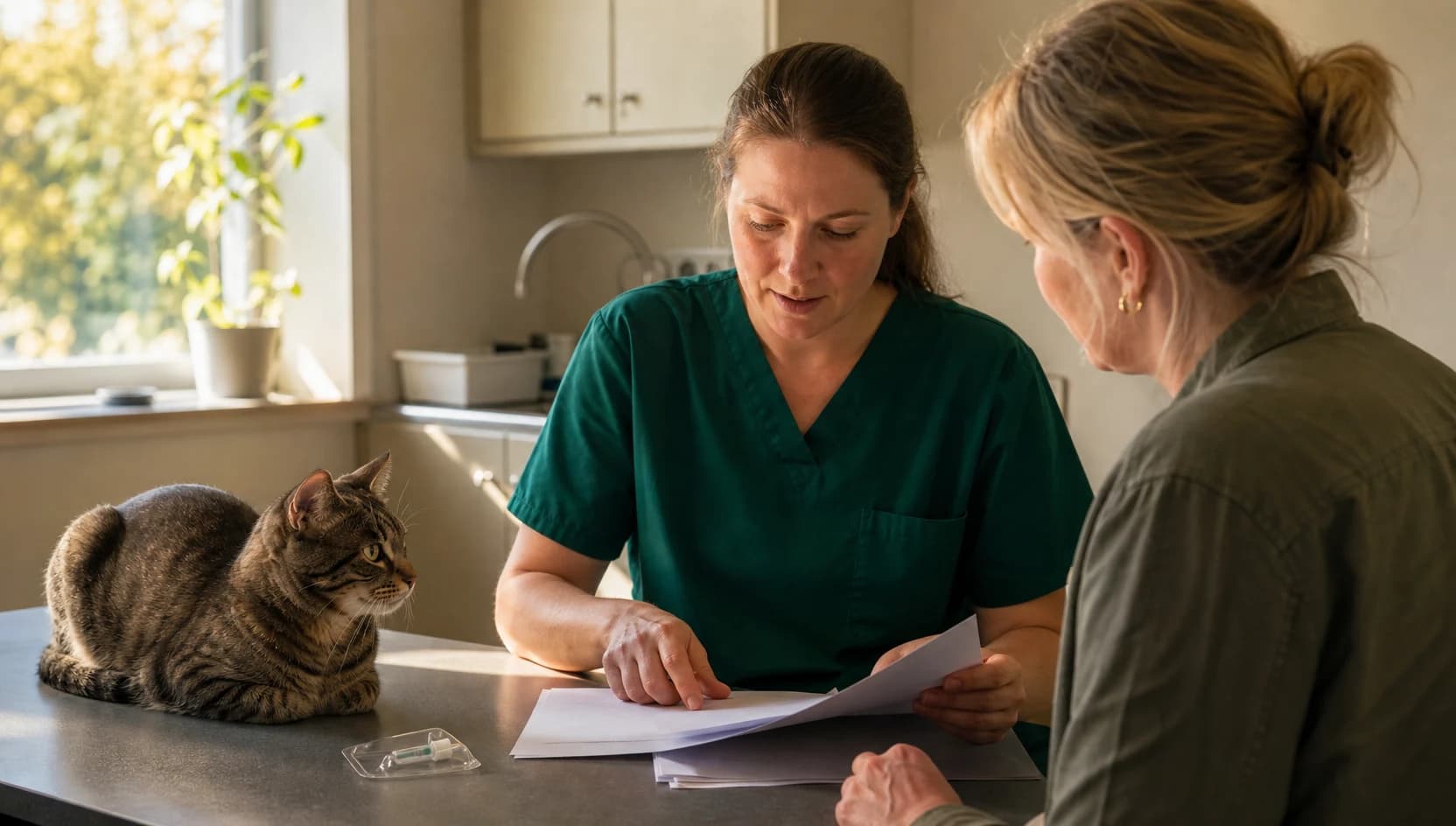 Veterinär i mörkgröna skrubbar visar chip, kattregister och pris för kattägare med lugn tabbykatt.