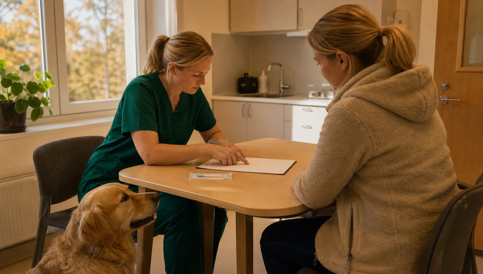 Veterinär i mörkgröna skrubbar jämför chipmärkning, register och pris med djurägare vid klinikbord.