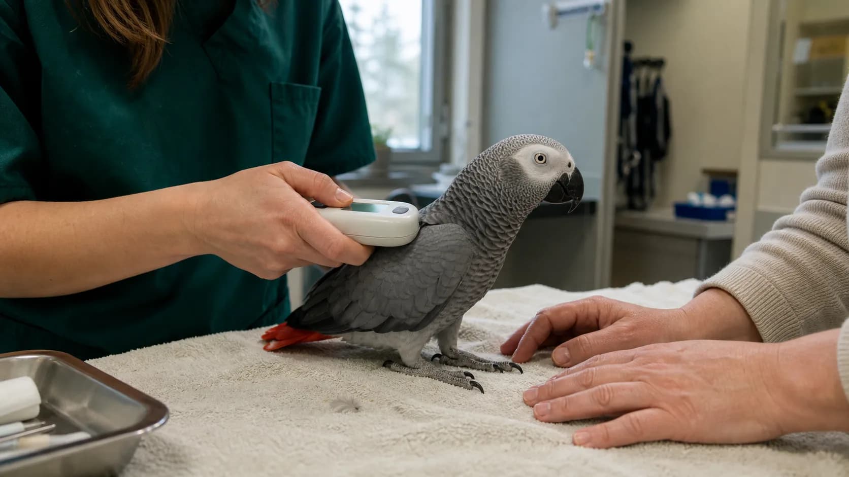 Veterinär läser av chip på afrikansk grå papegoja med handhållen scanner.