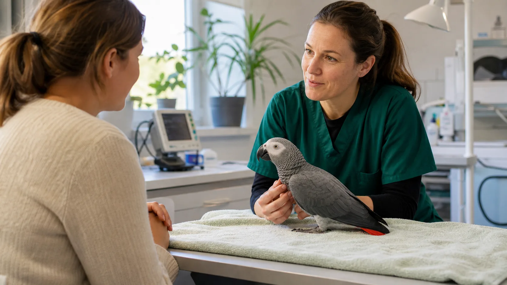 Afrikansk grå papegoja på handduk medan veterinär ger råd om chipmärkning på svensk klinik.
