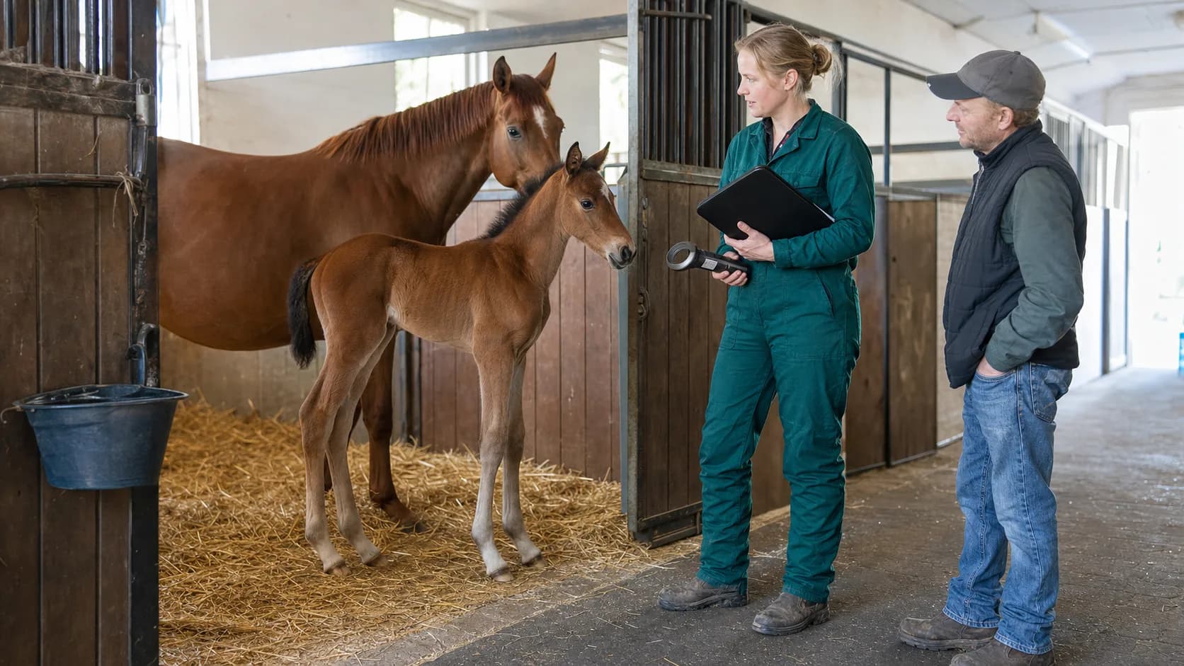 Brunt varmblodsföl står bredvid sto i stall medan veterinär förklarar chipmärkning och pass.