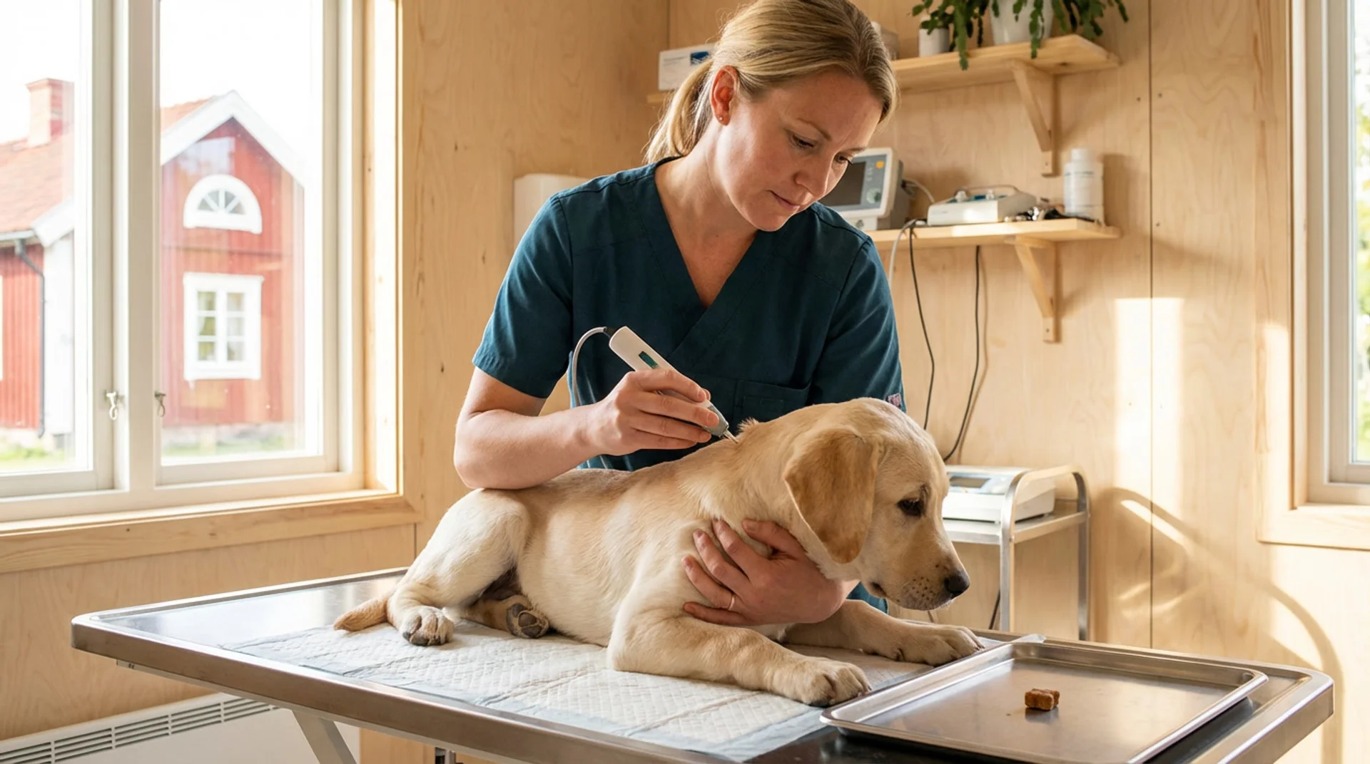 Chipmärkning av gul labrador-valp — veterinär sätter mikrochip i nackskinnet på svensk klinik