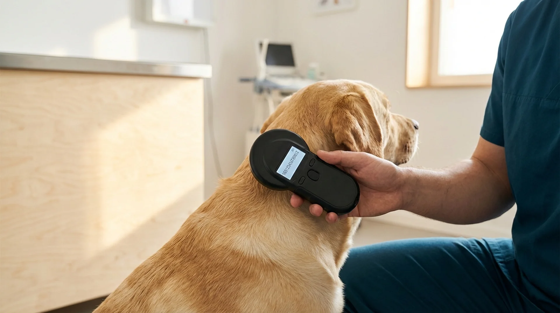 Chipmärkning av hund — handhållen chipscanner läser av 15-siffrig ID-kod på labradorens nacke