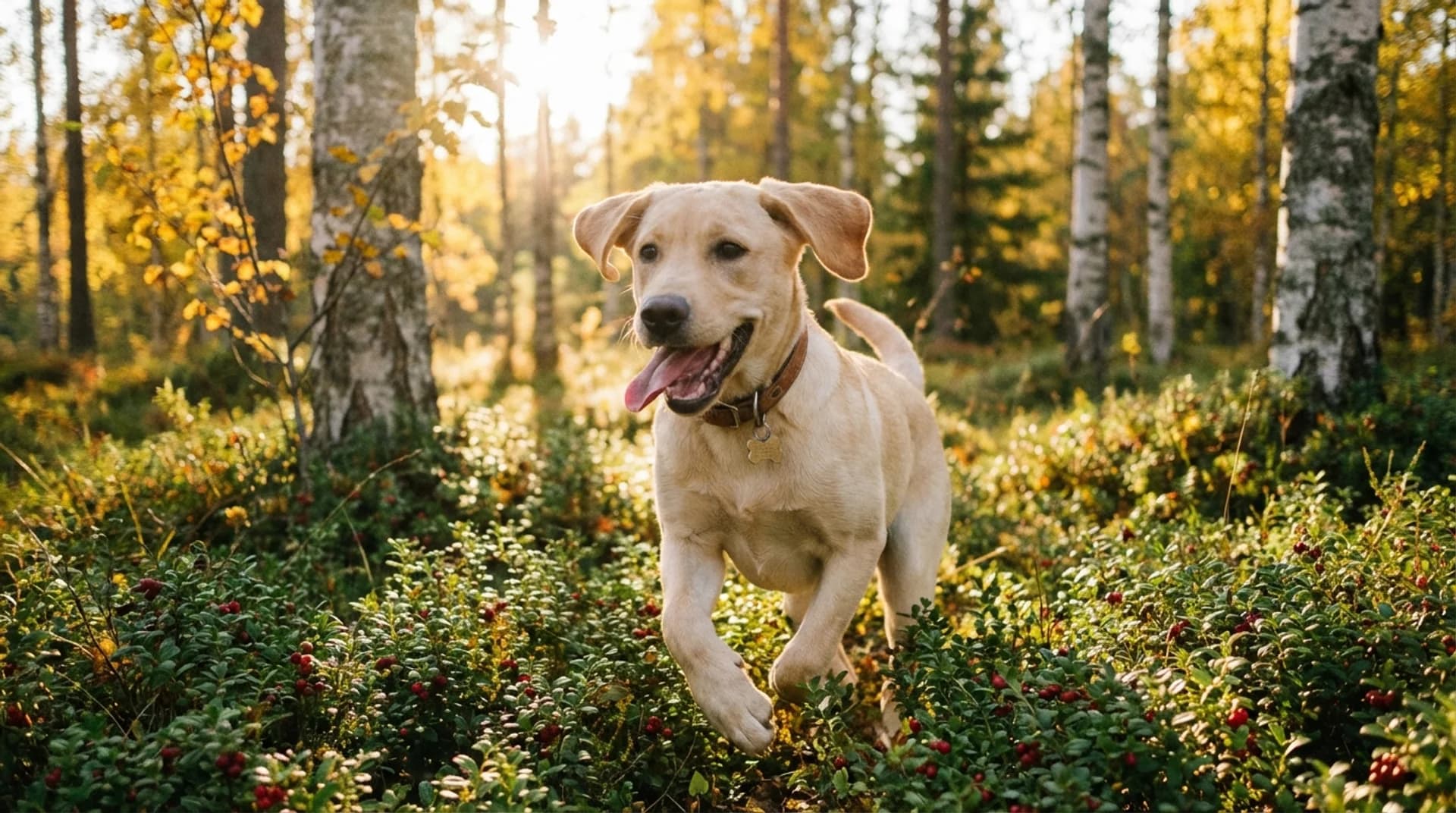 Chipmärkning ger trygghet — gul labrador springer fritt genom svensk höstskog med björkar och lingonris